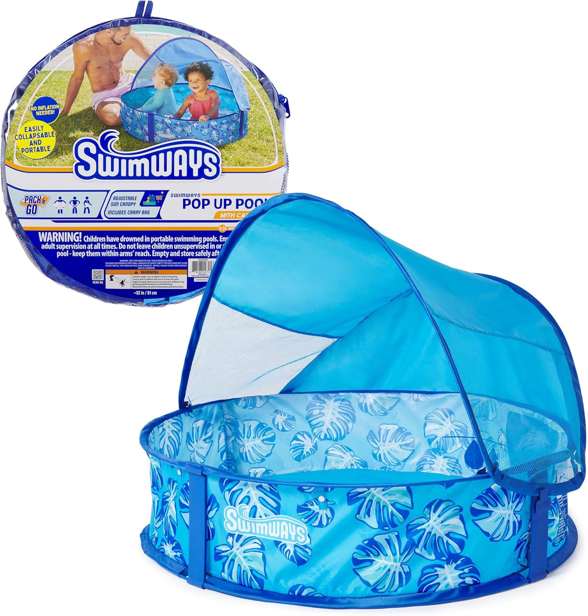 SwimWays Elite Pop-Up Baby Pool blue portable toddler pool with canopy front view
