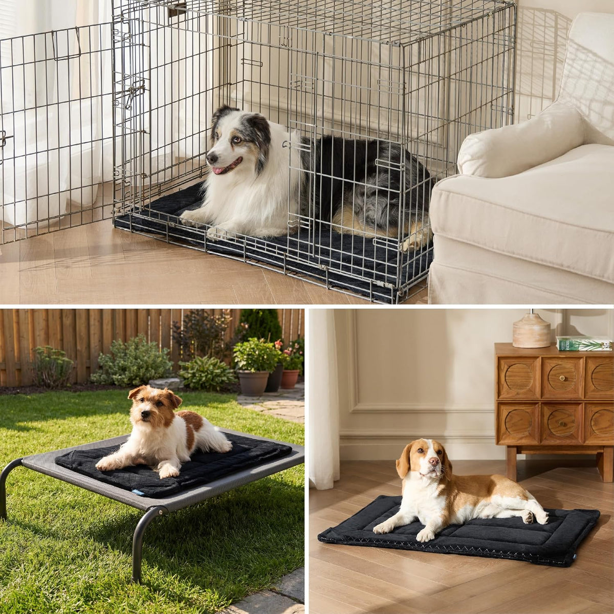 Large breed dog resting comfortably on Bedsure black kennel mat