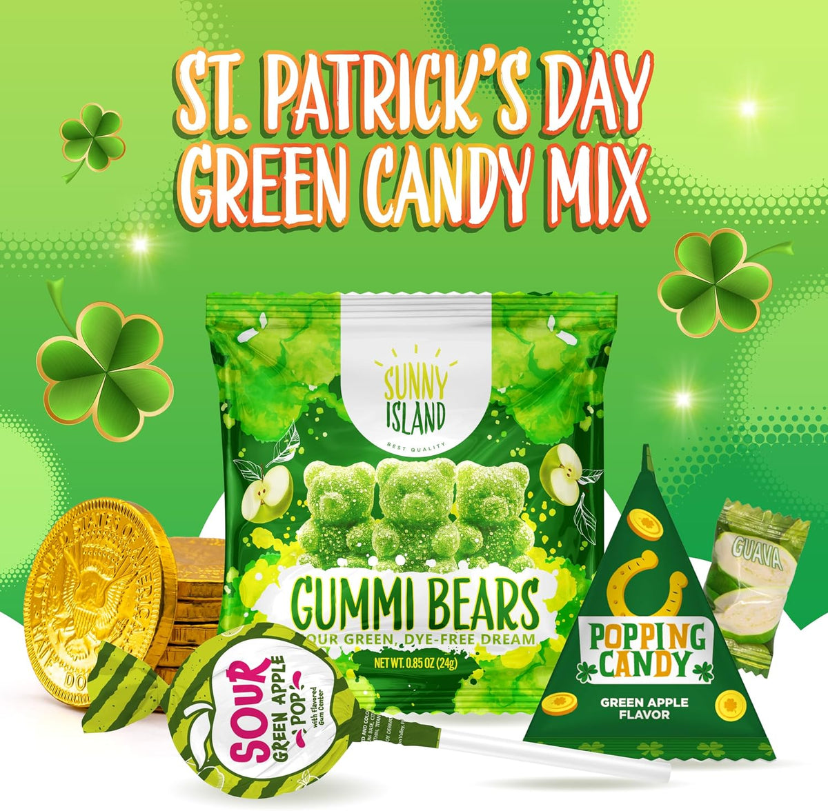 Gelatin free green apple gummi bears and popping candy mini pouches close up