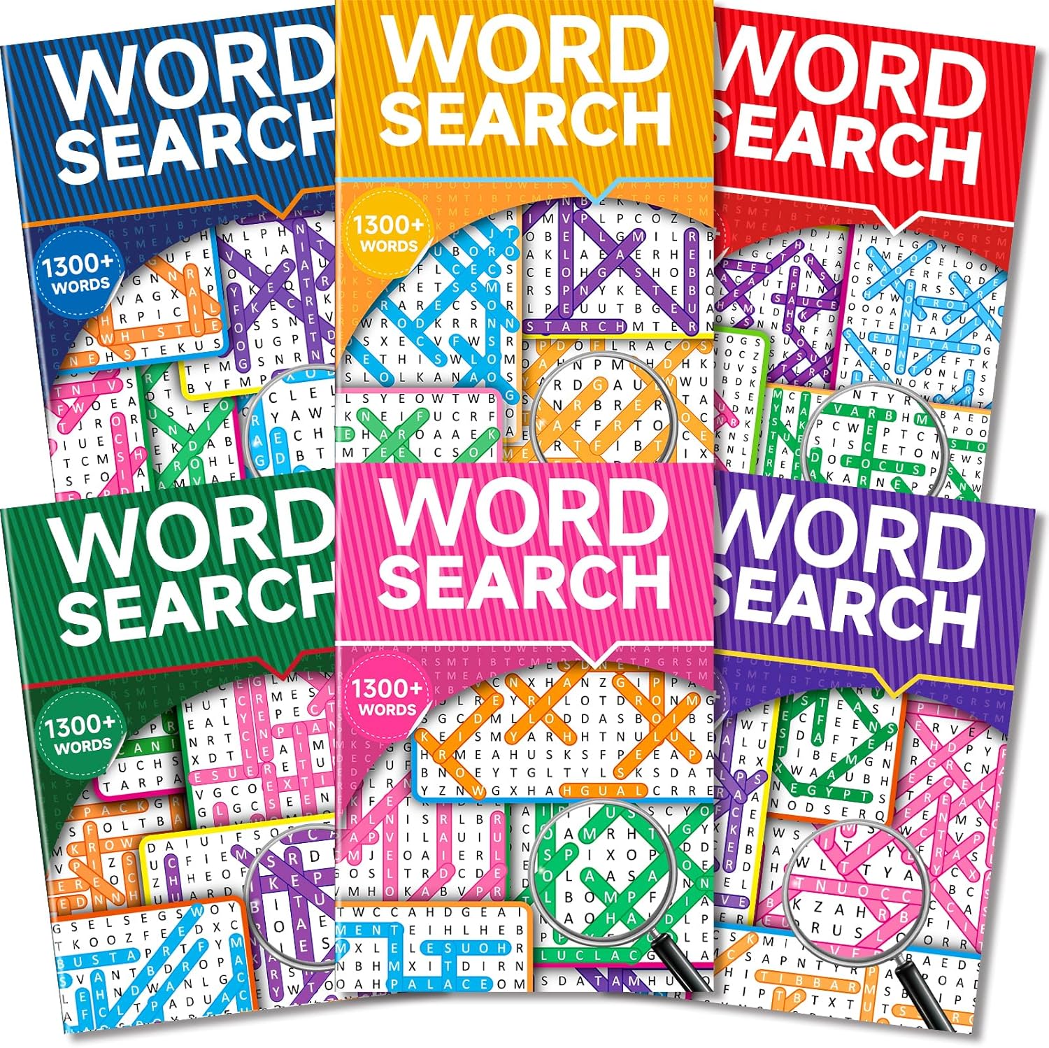 Elfew large print word search books six pack front view showing colorful covers stacked together.
