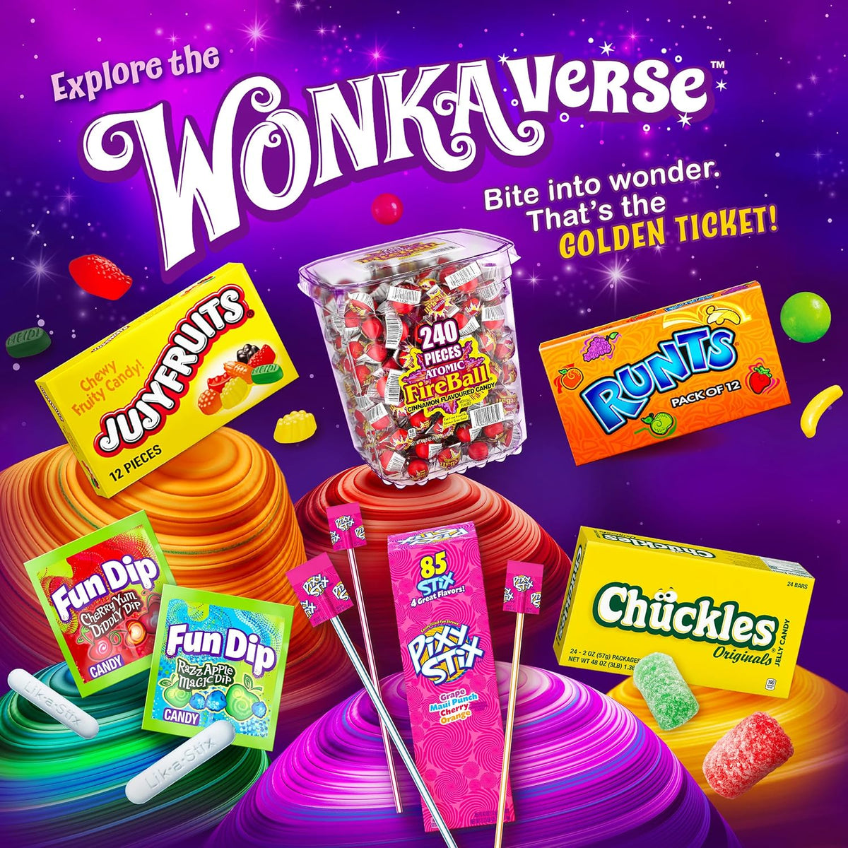 Authentic USA imported Ferrara Jujyfruits candy pouch placed next to scattered colorful sweets