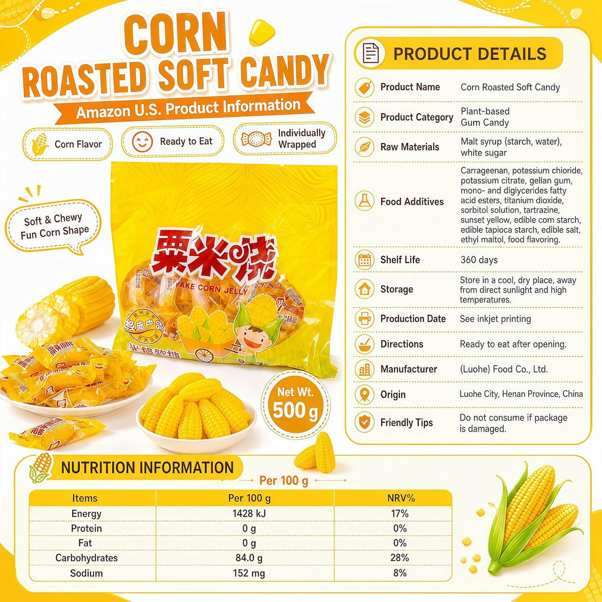 Close up of soft chewy corn shaped jelly drops