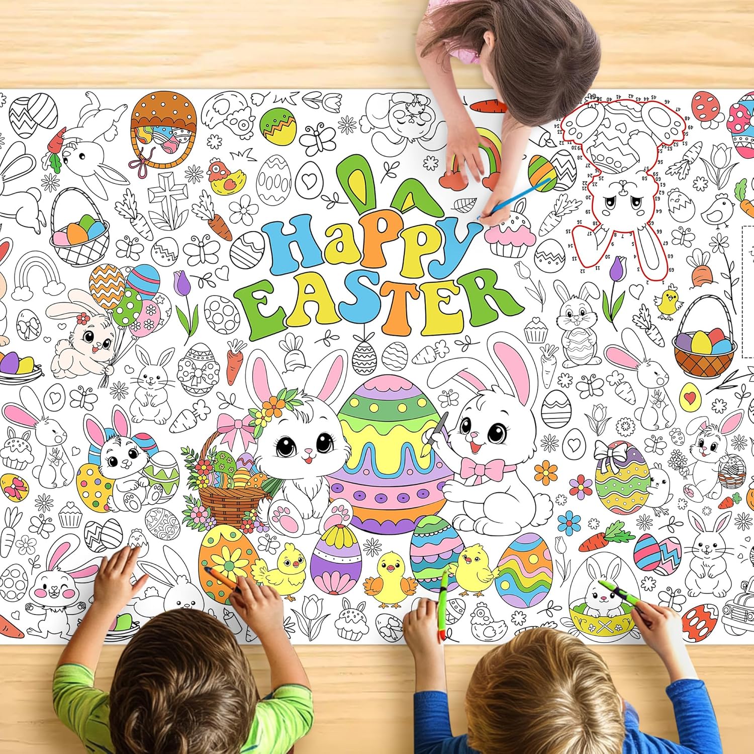 JOYGATHER Easter coloring tablecloth for kids spread flat on a table showing intricate bunny and egg designs.
