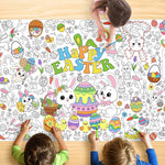 JOYGATHER Easter coloring tablecloth for kids spread flat on a table showing intricate bunny and egg designs.