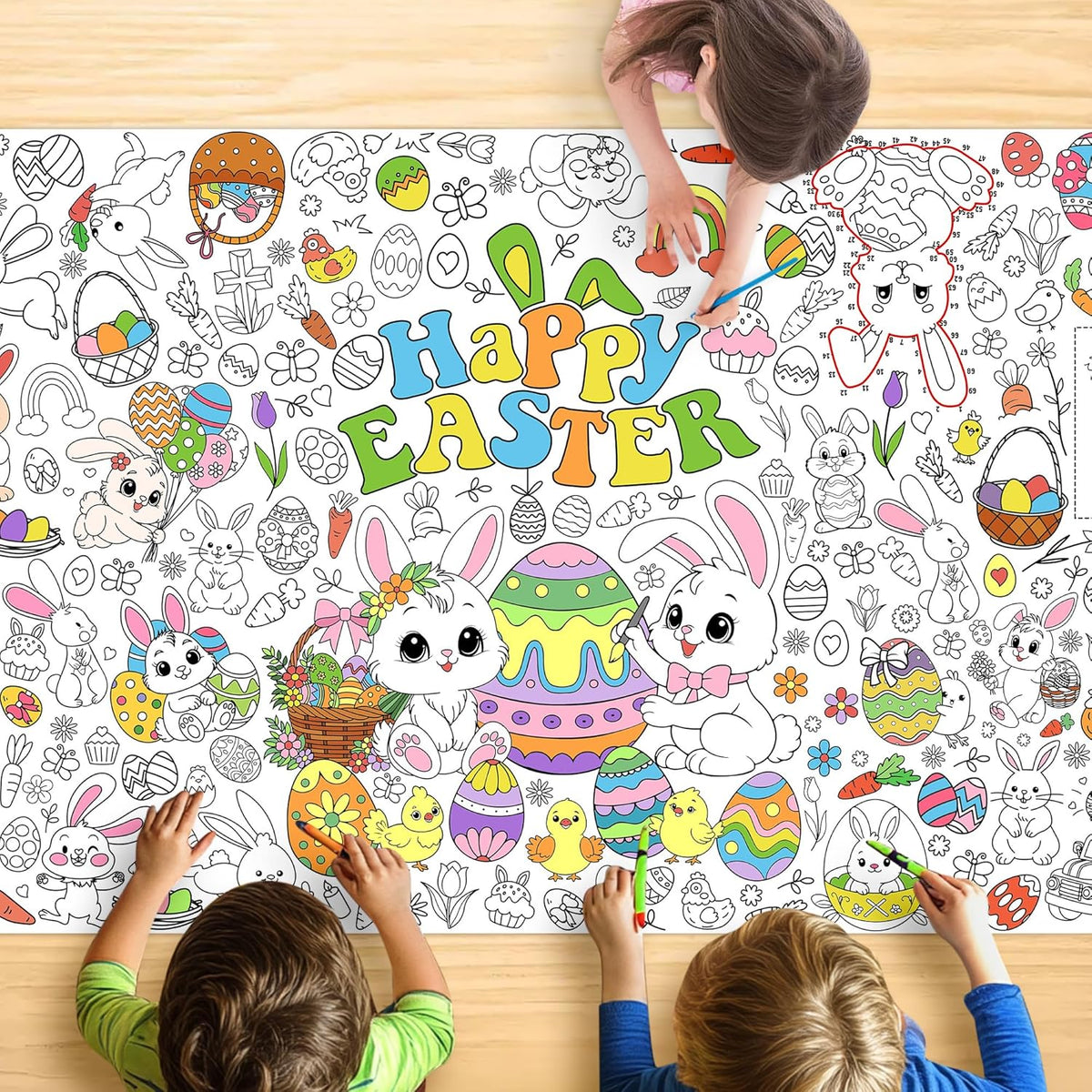 JOYGATHER Easter coloring tablecloth for kids spread flat on a table showing intricate bunny and egg designs.