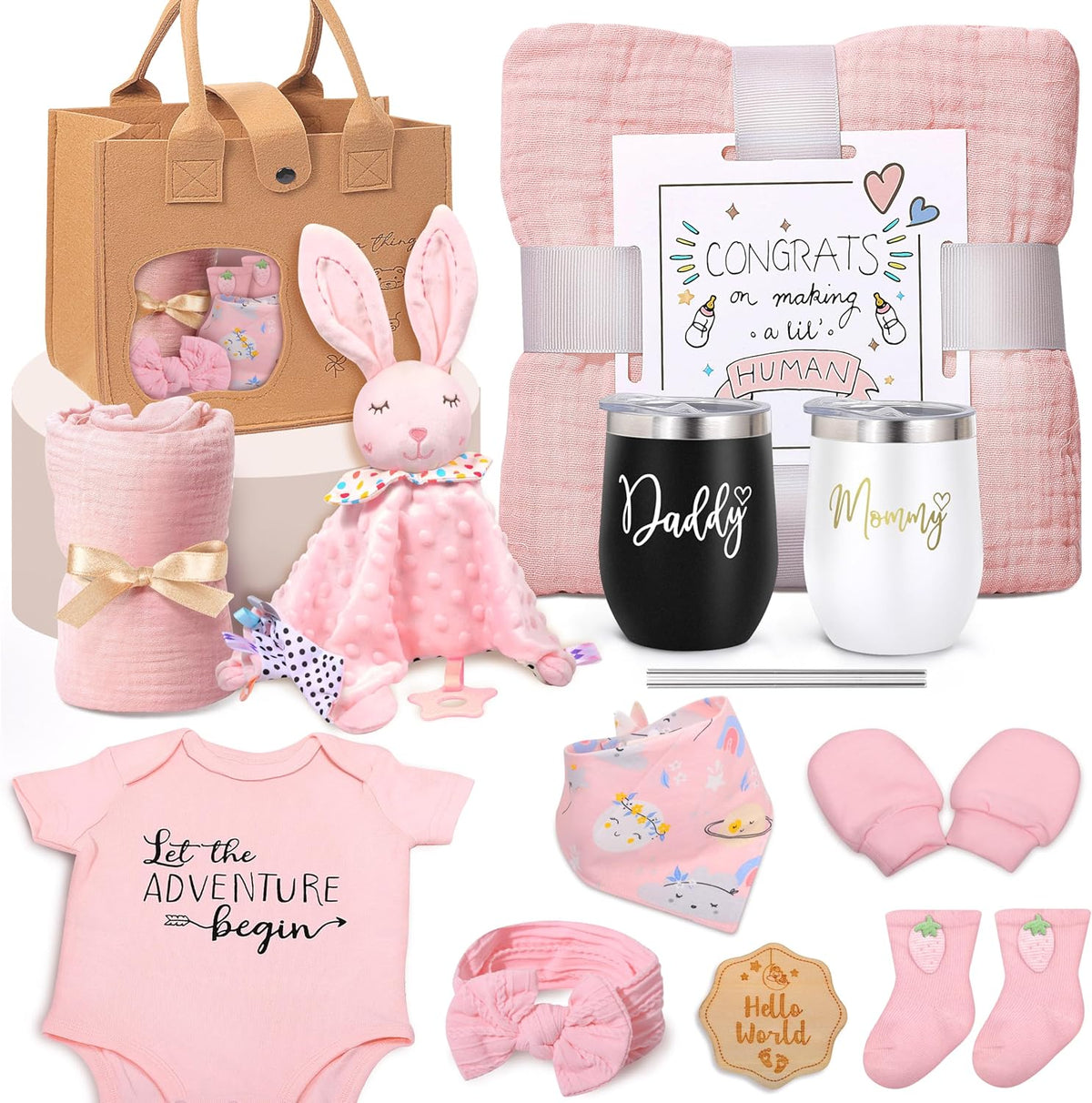 Suhctuptx new mom gifts basket front view featuring pink baby clothes and mom and dad tumblers