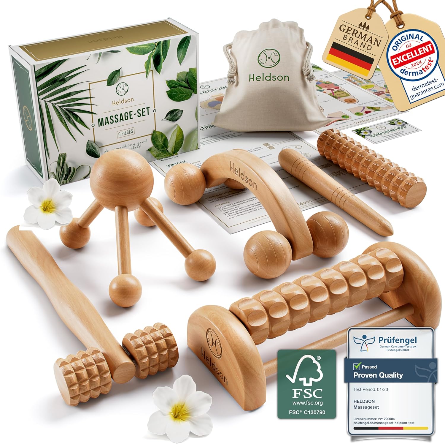 HELDSON wooden therapy massage tools front view showing six pieces body sculpting kit.