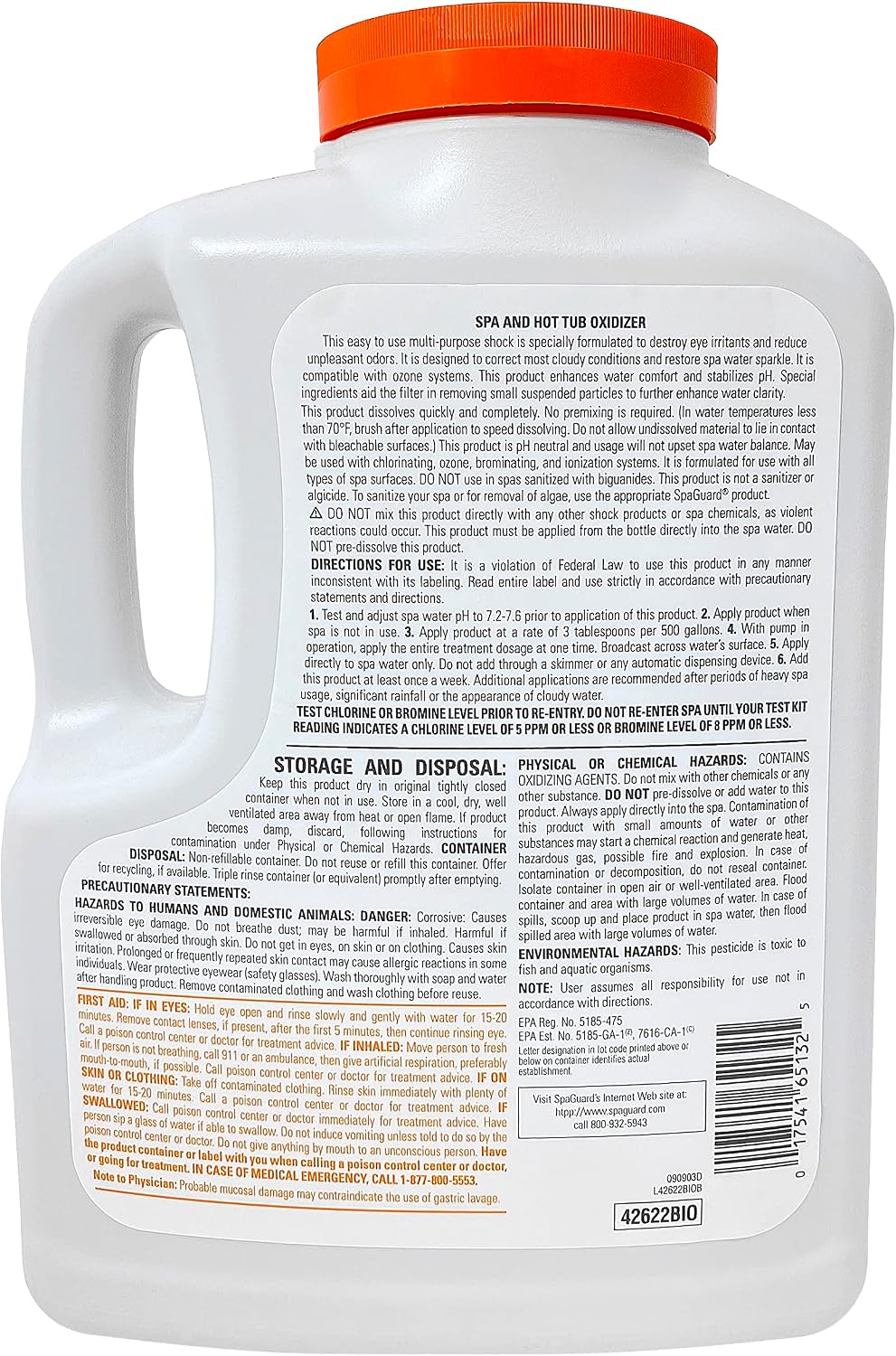 SpaGuard hot tub shock rear label directions