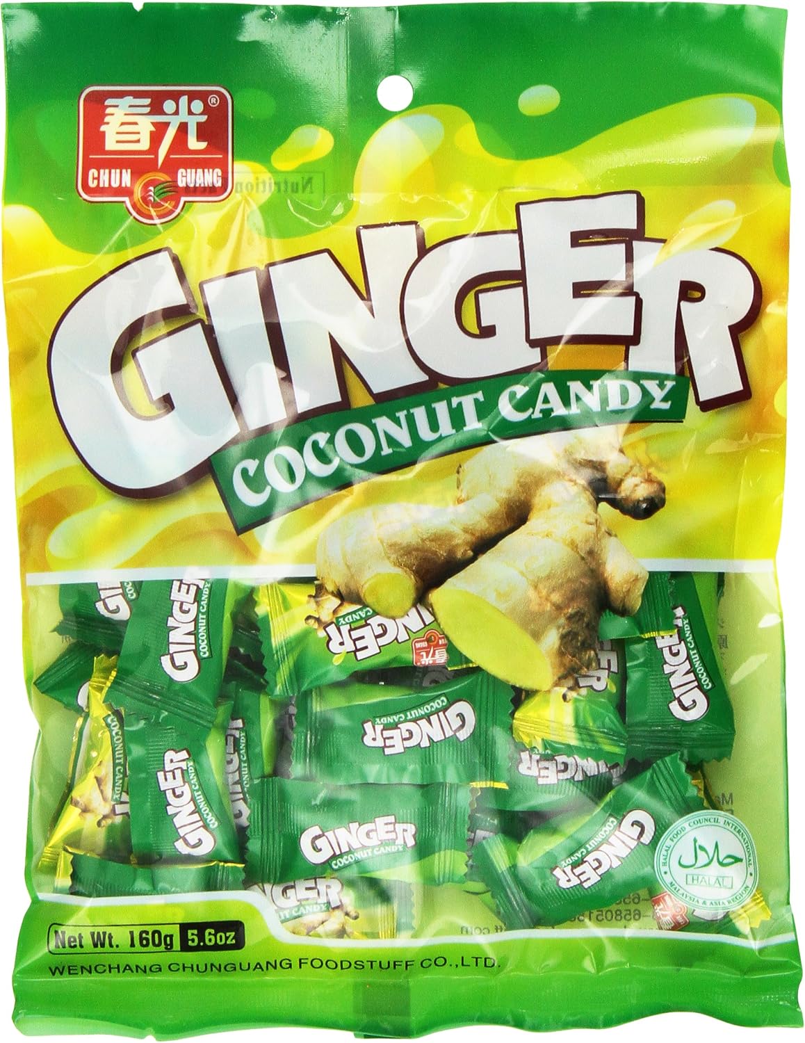 Close-up view of Chun Guang Ginger Coconut Candy showing real coconut and natural ginger ingredients.