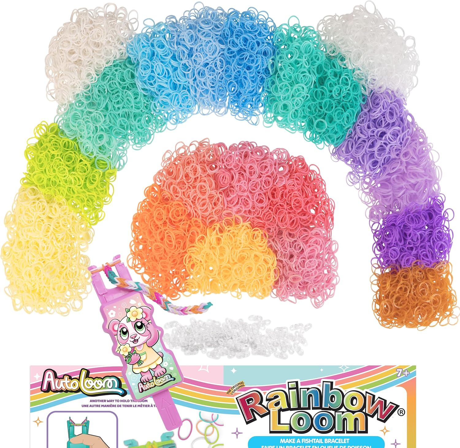 Rainbow Loom AutoLoom Pastel Refill Mega Pack front view showcasing the packaging and included bracelet making tool.