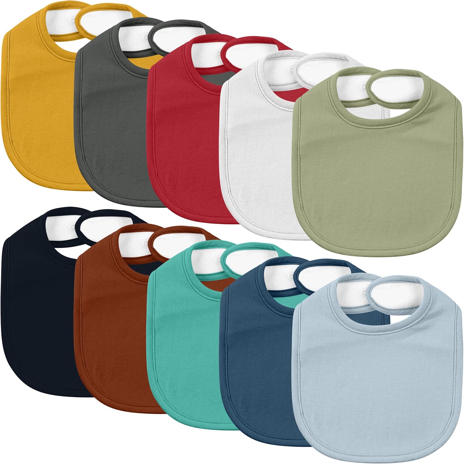 Egmao Baby cotton snap bibs 10 pack front view showcasing various solid colors.