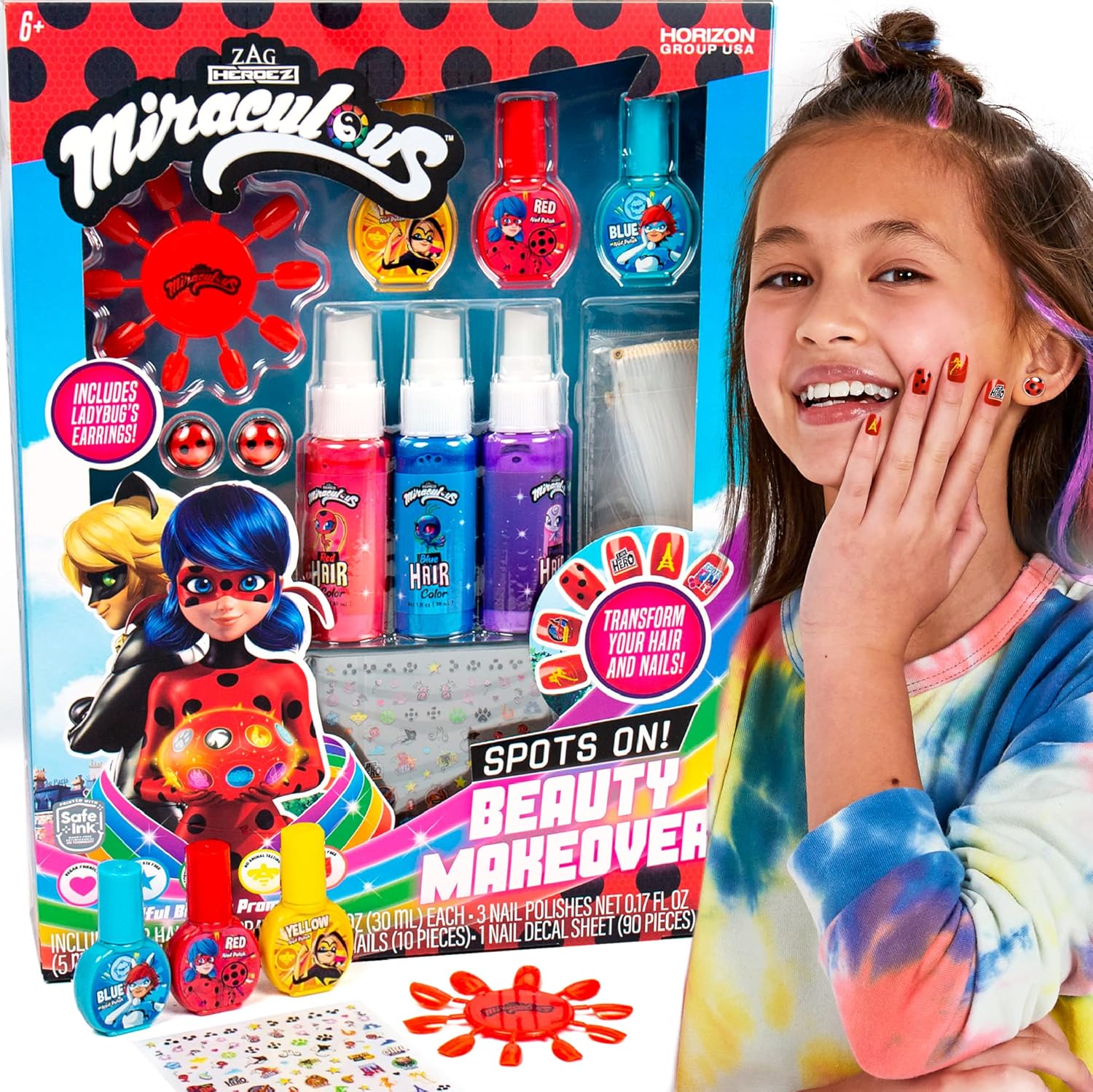 Miraculous Spots On Beauty Makeover Beauty Studio front view packaging showcasing Ladybug character graphics and included salon accessories.