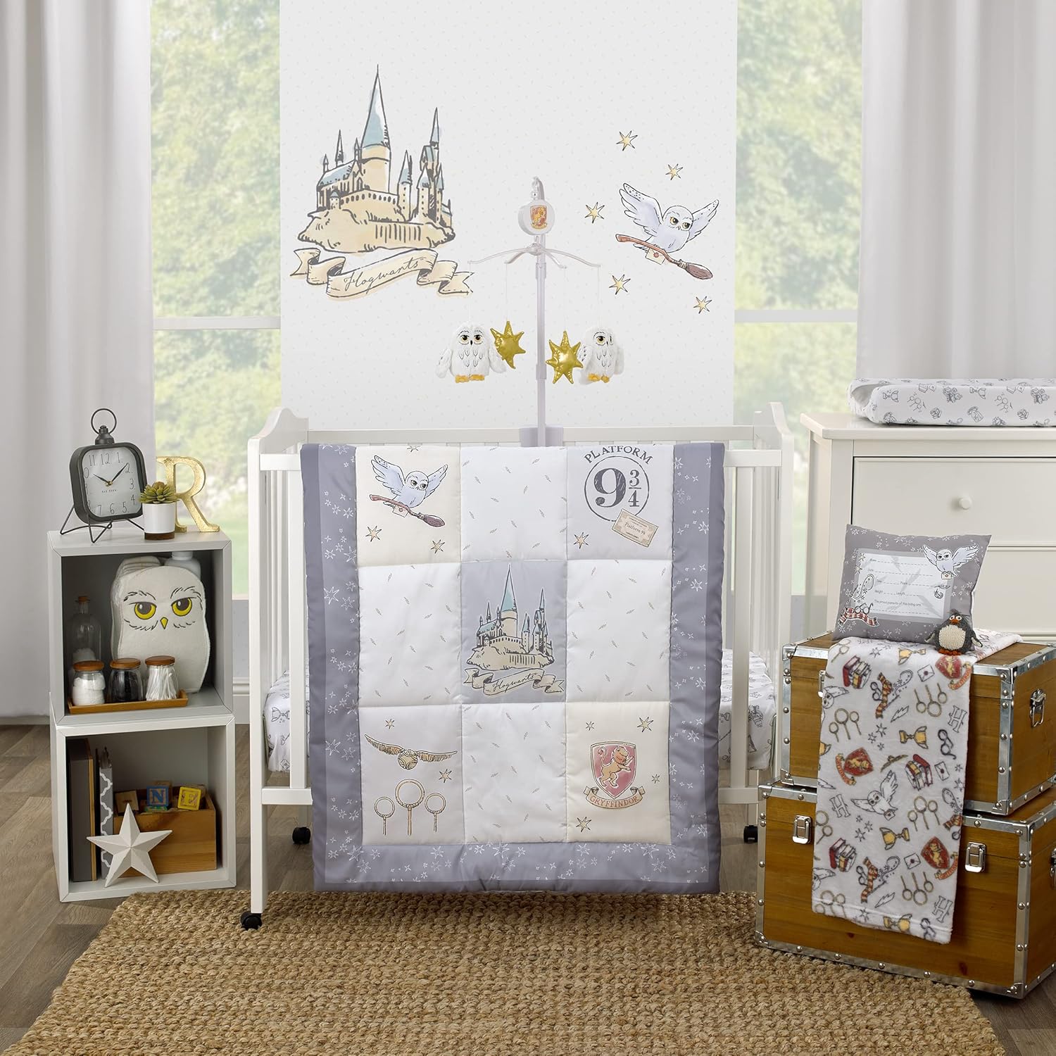 NoJo Harry Potter Magical Moments mini crib bedding set front view showcasing the reversible comforter and fitted sheets.