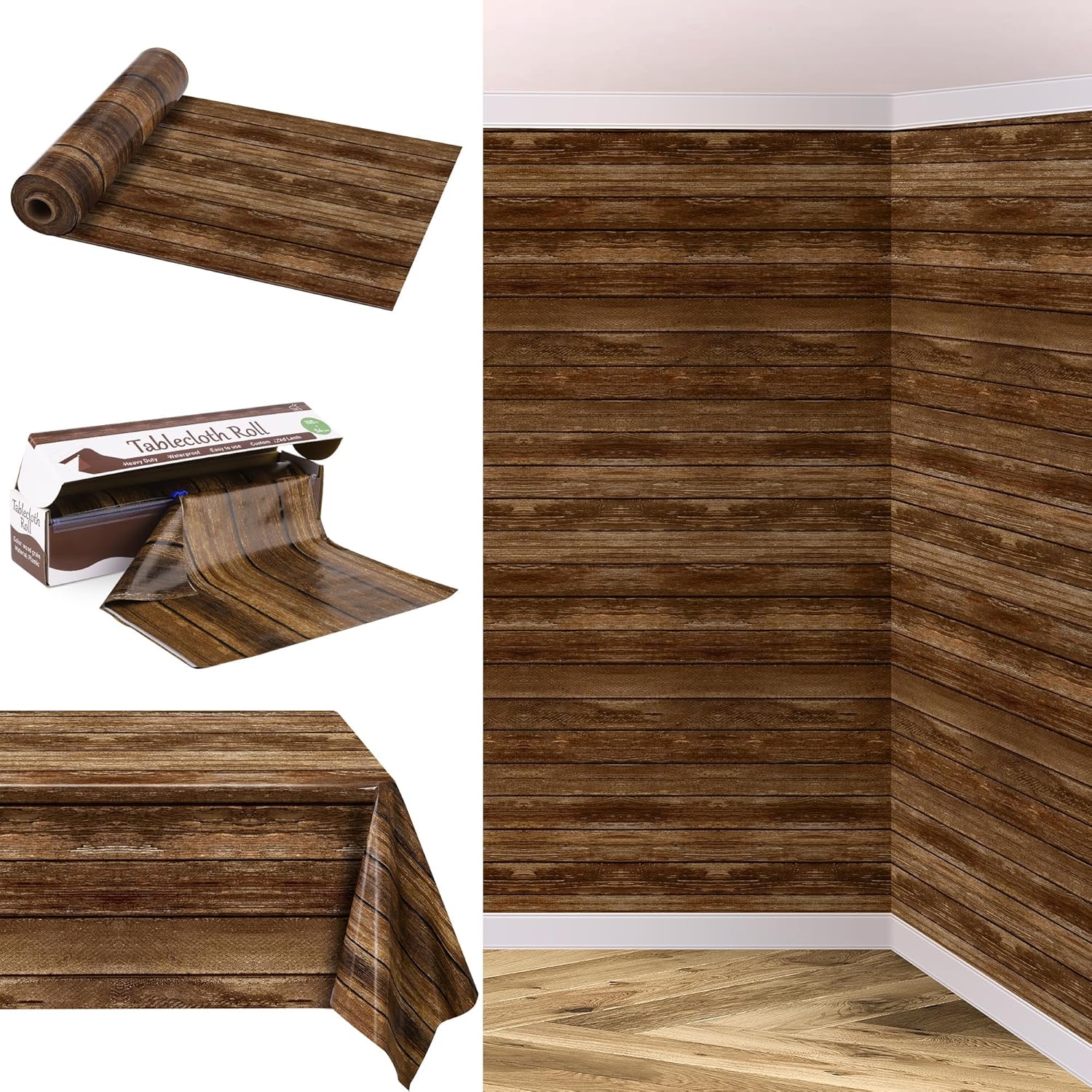Moukeren Kochorie wood grain tablecloth roll front view in packaging box with built in slide cutter