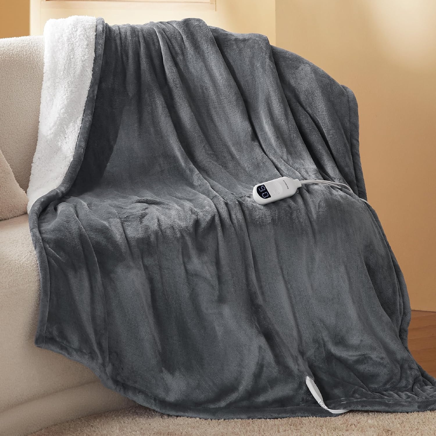 Bedsure heated blanket electric throw front view grey