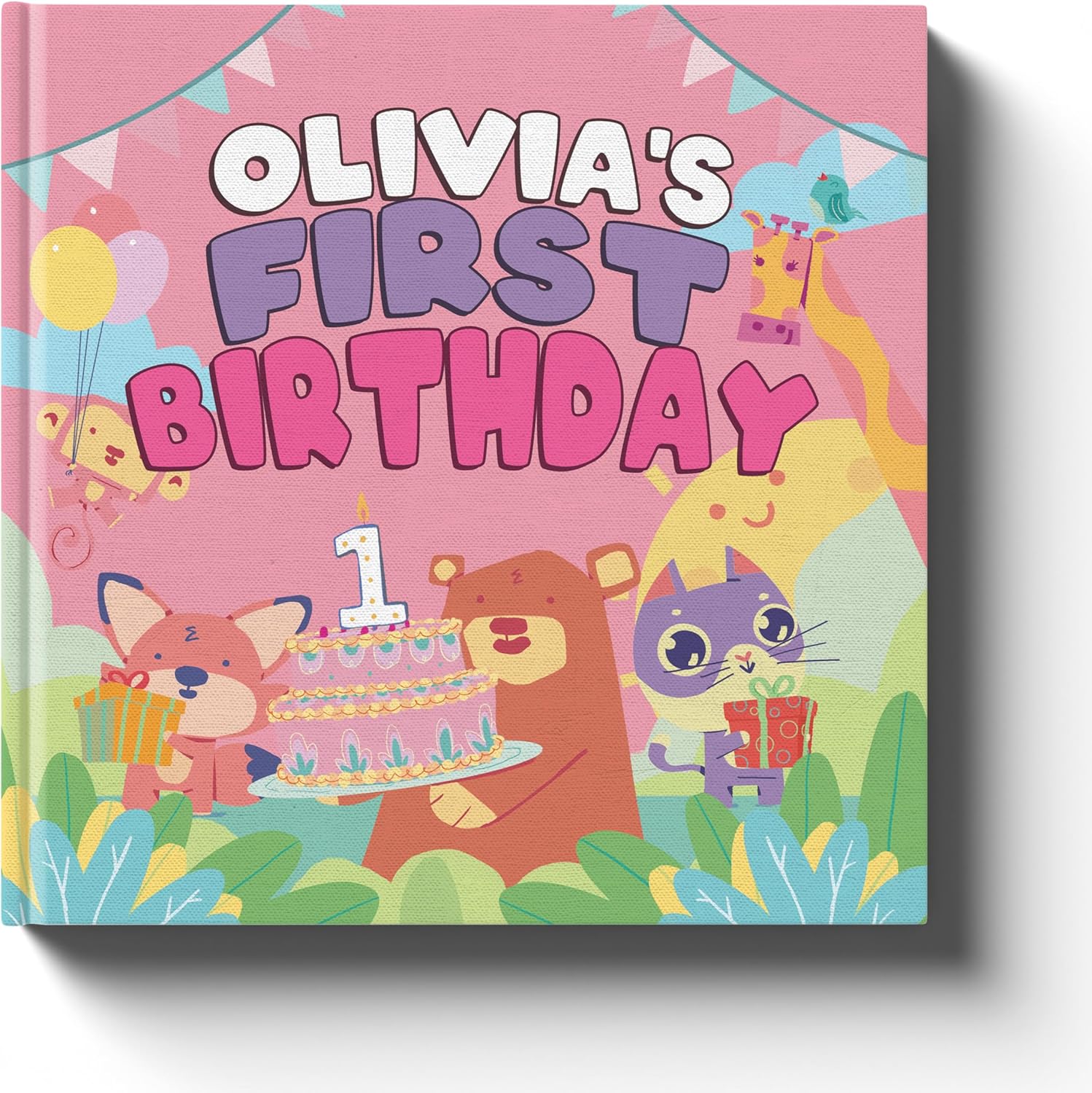 Luna Studios My First Birthday personalized girl book front cover showing pastel animal illustrations