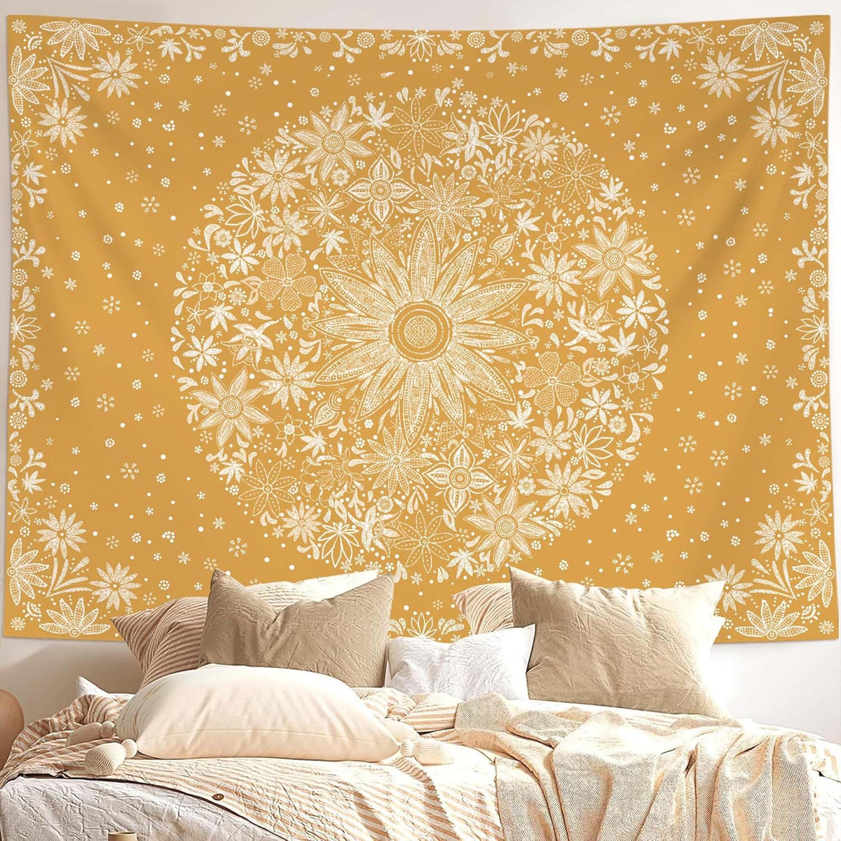 Neasow Bohemian Tapestry Wall Hanging, Black and White Floral Tapestry with Dotted Daisy Medallion Print Bedroom Boho Hippie Home Decor, 50x60 inches - Image 10