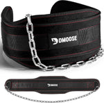 DMoose Fitness dip belt front view showing neoprene padding and chain