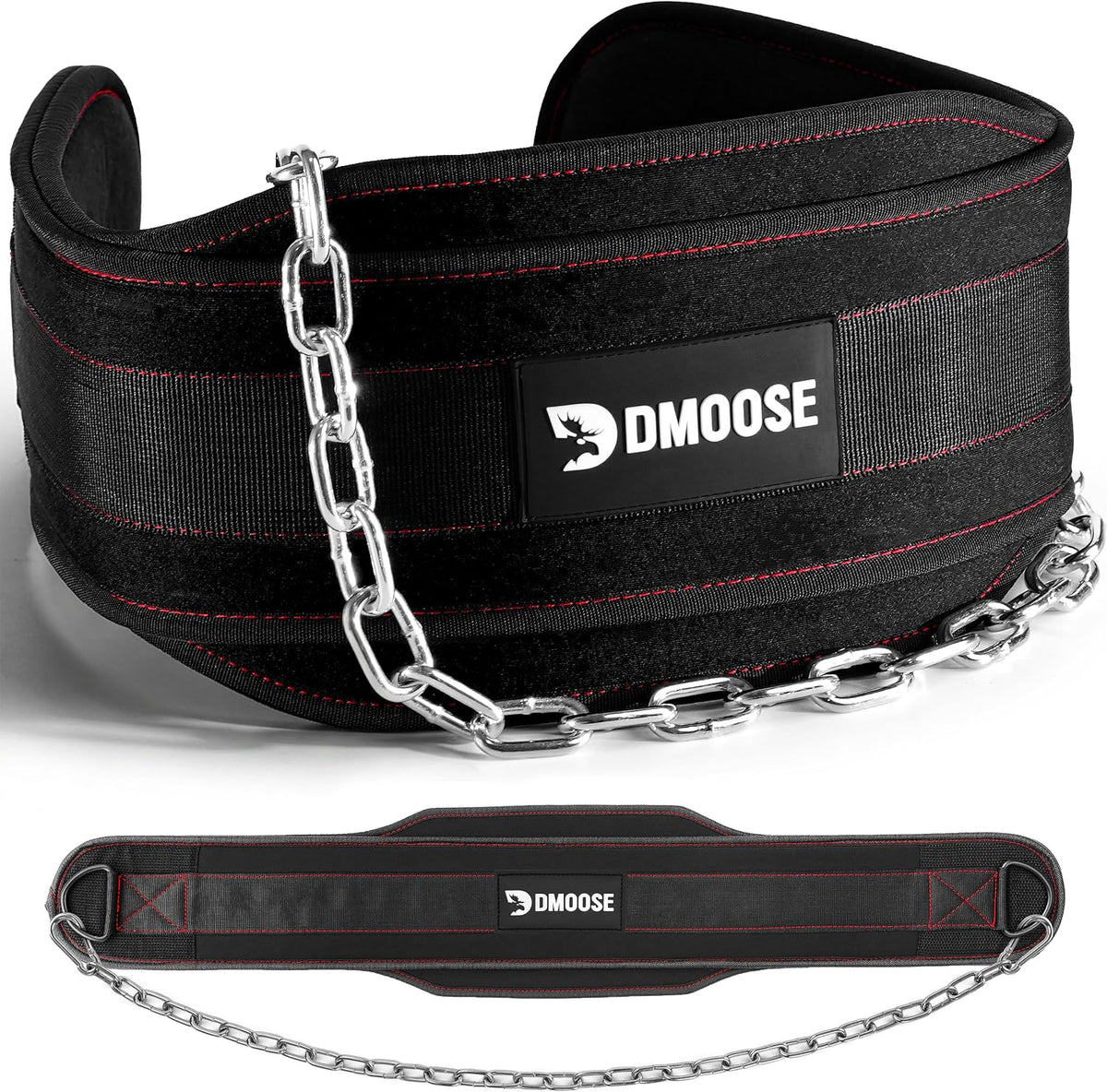 DMoose Fitness dip belt front view showing neoprene padding and chain