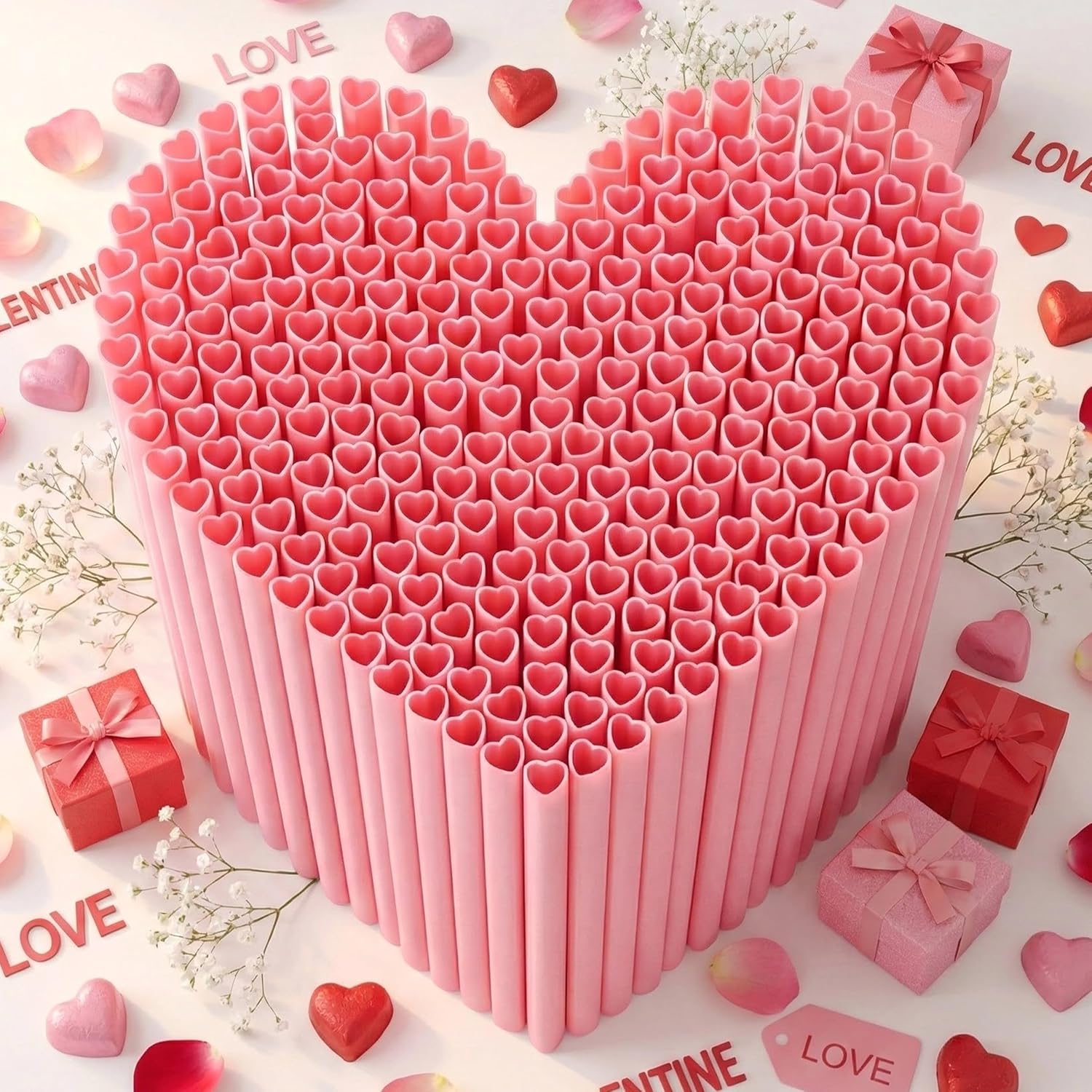 BC233 heart shaped pink plastic disposable drinking straws front view pack for valentine party decorations