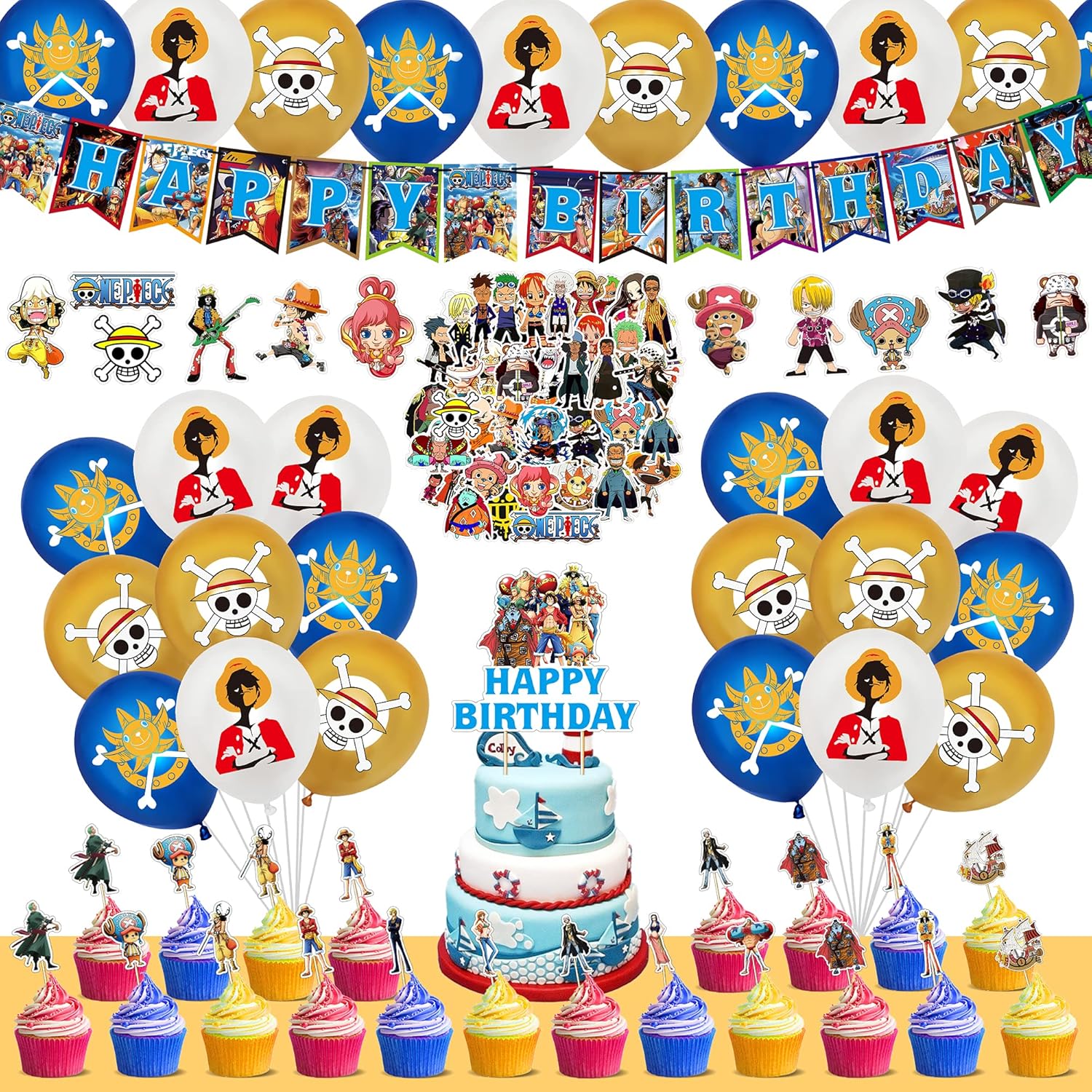 G-Ahora One Piece anime birthday party supplies kit front view featuring banner and balloons