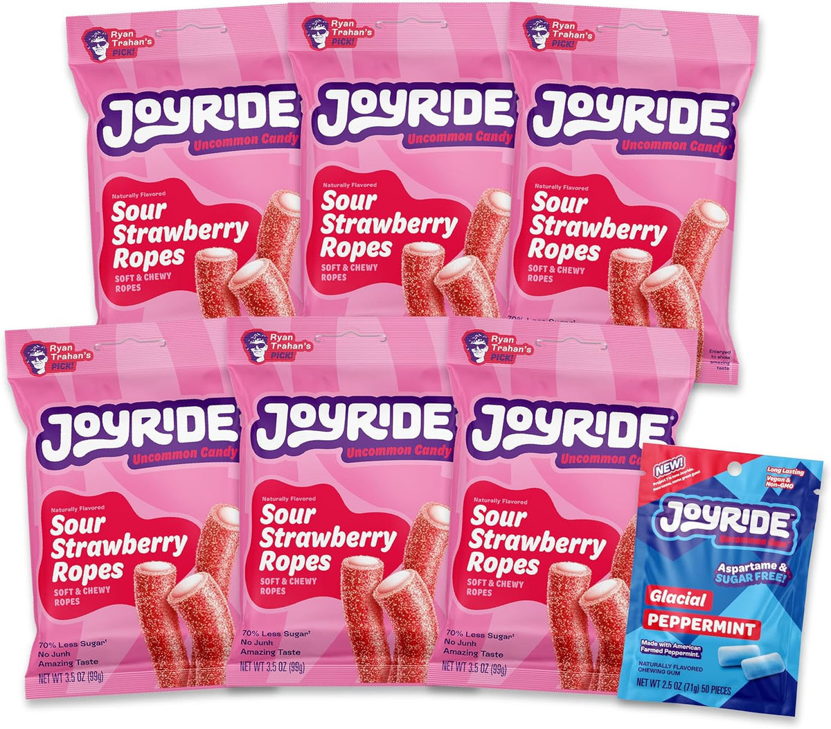 JOYRIDE Cherry Berry Ropes - 3.5 oz 6-Pack Bundle with 2.5oz Glacial Peppermint Gum, Tart Cherry Licorice, Low Calorie Candy, Low Sugar & Low Carb, Fiber Snack (7 Items) - Image 11