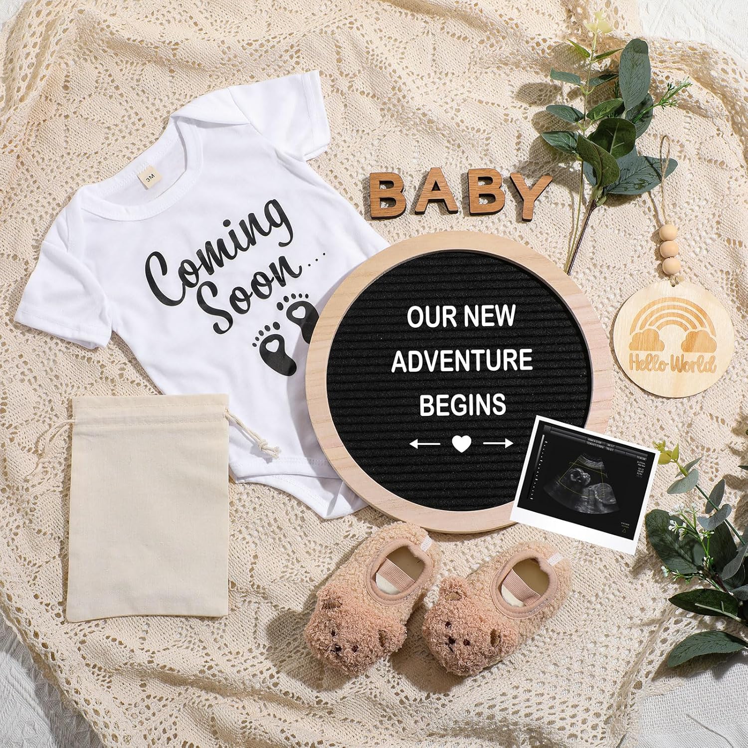 Canlierr 8 Piece Pregnancy Announcement Set front view showcasing the complete black felt board flat lay kit.