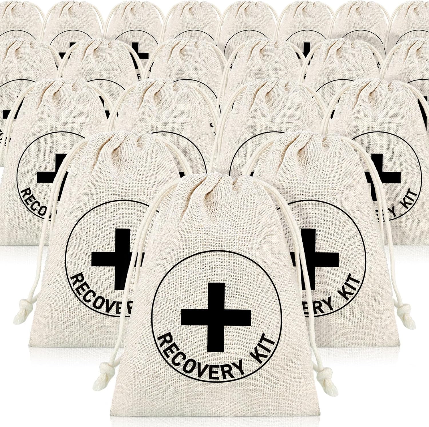 Boao Hangover Recovery Kit Gift Bags 20-count pack front view showing white cotton linen pouches with red cross design.