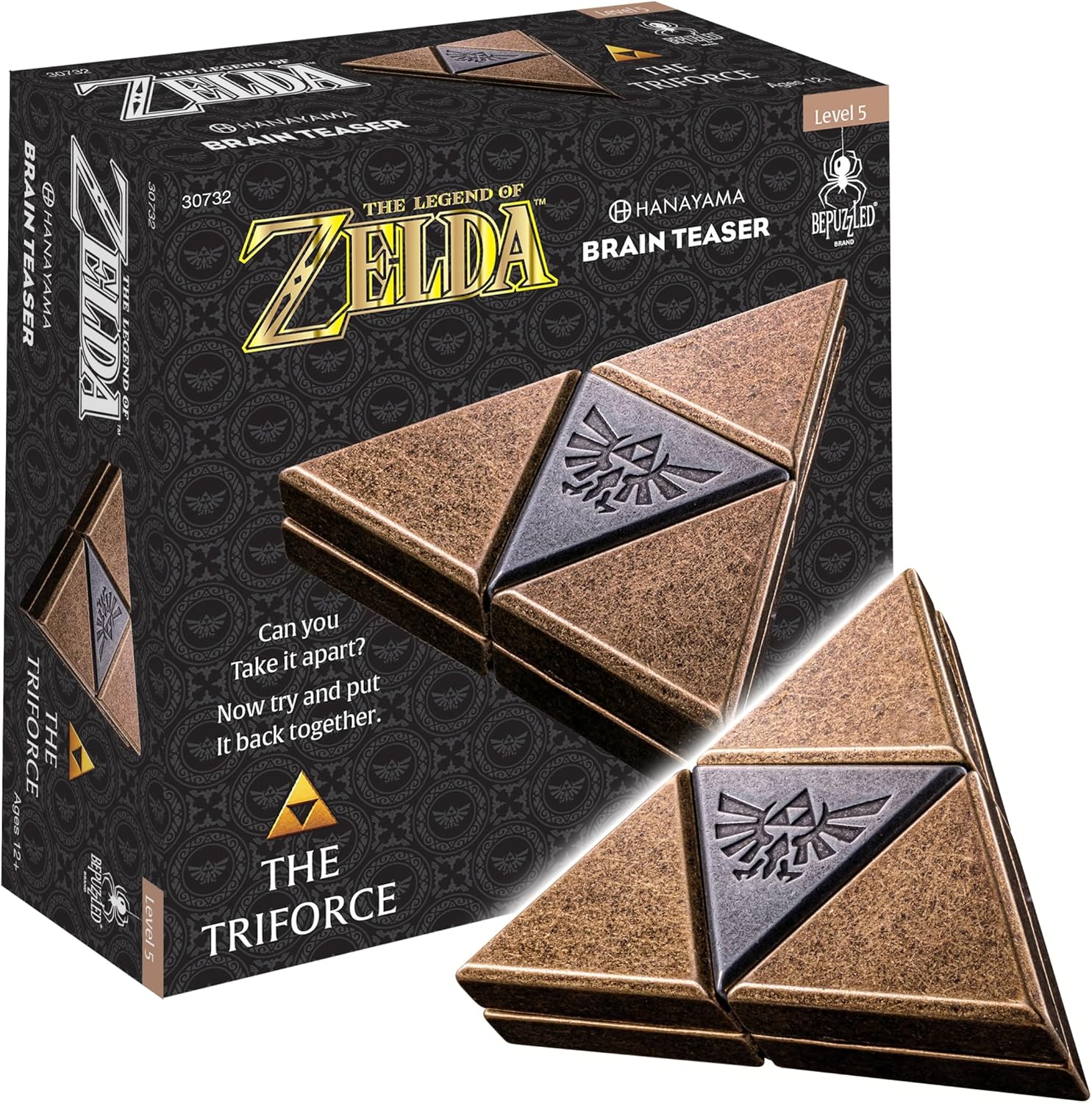 Hanayama Legend of Zelda Triforce brain teaser front view showing the premium gold finish cast metal puzzle.