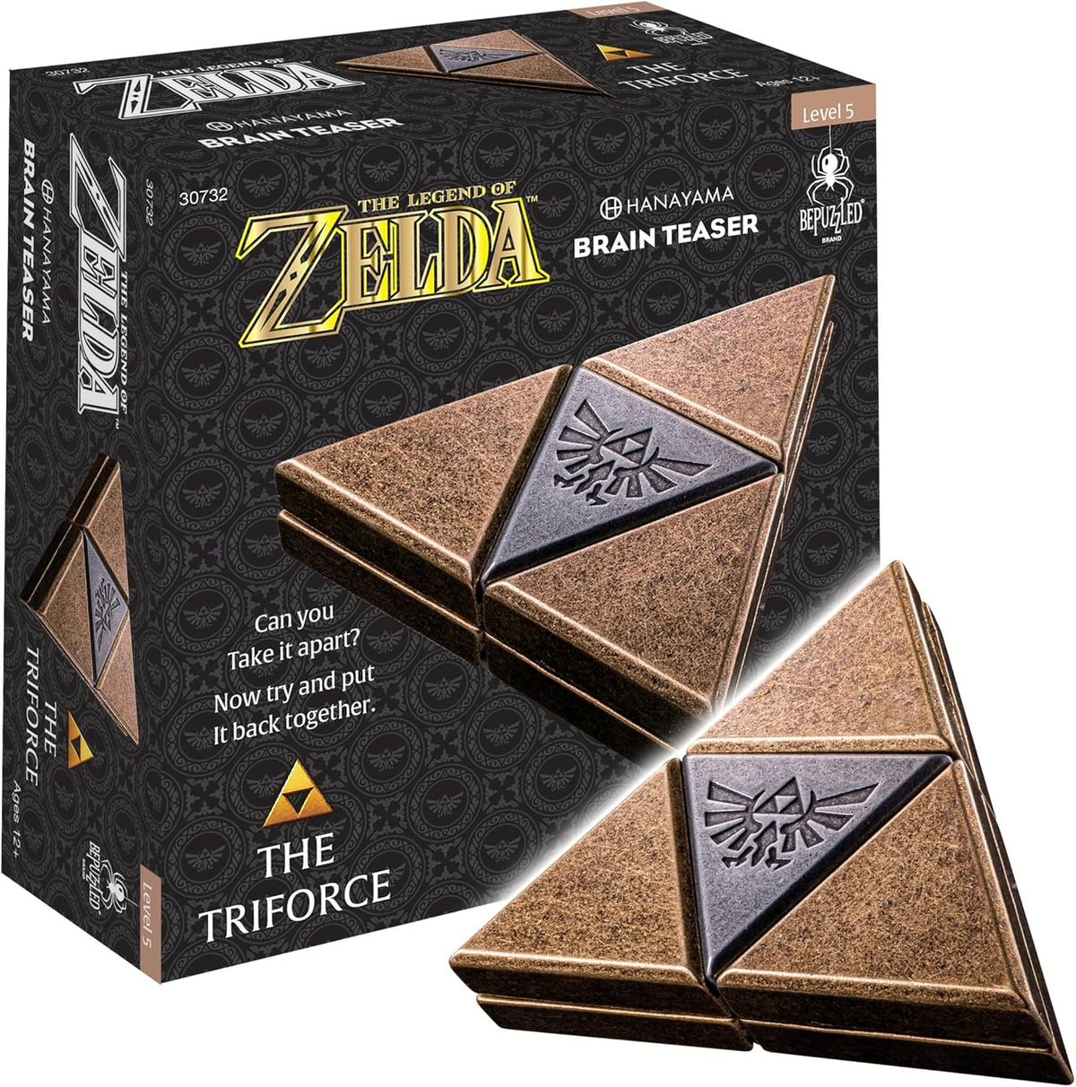 Hanayama Legend of Zelda Triforce brain teaser front view showing the premium gold finish cast metal puzzle.