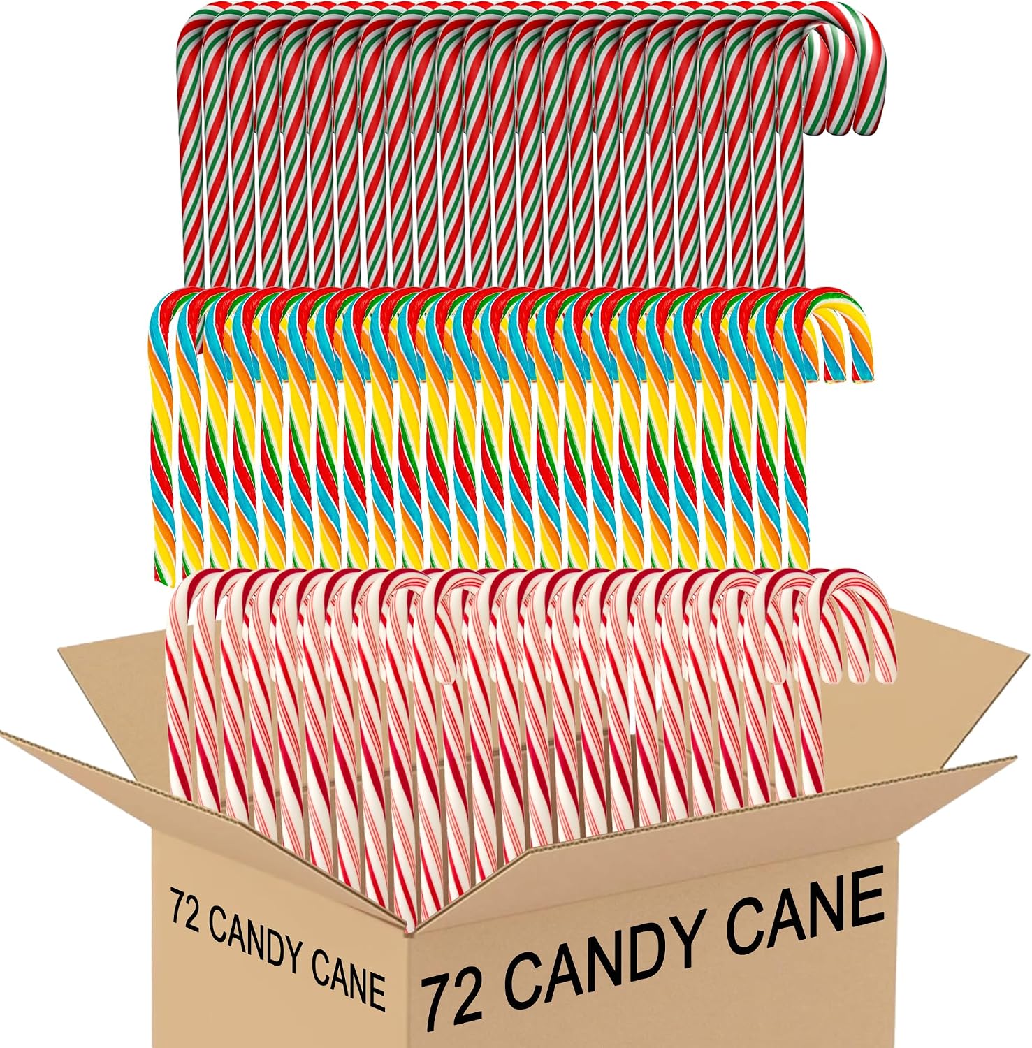 Muchai Innovations multicolor candy canes variety pack front display box containing seventy two count holiday treats.