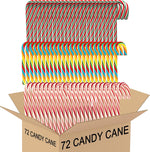 Muchai Innovations multicolor candy canes variety pack front display box containing seventy two count holiday treats.