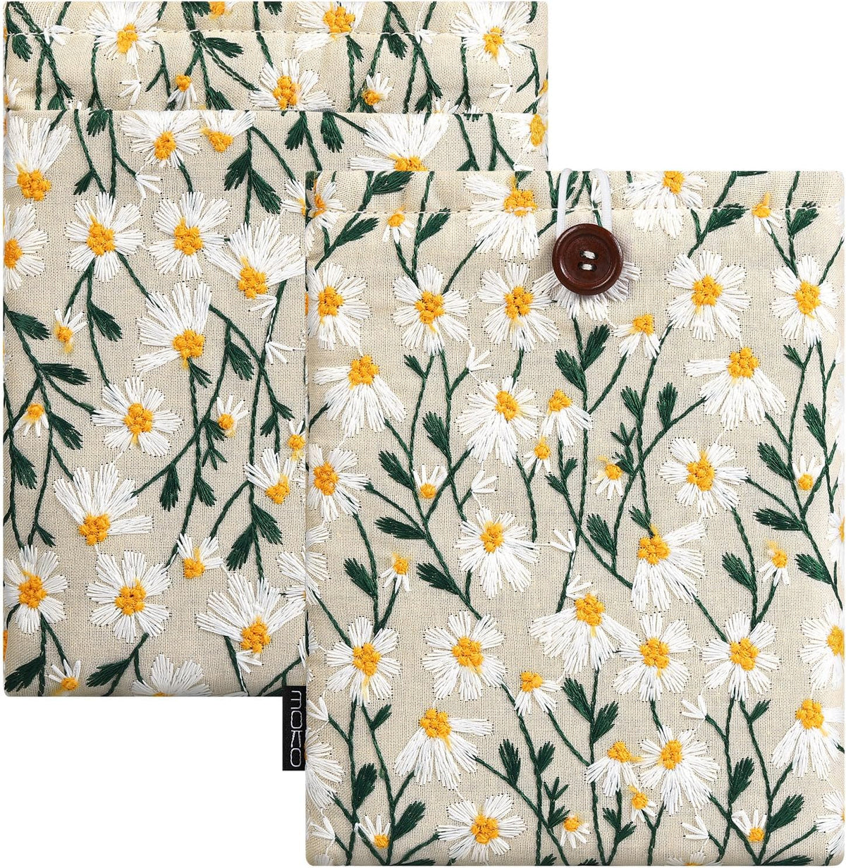 MoKo 6-7 inch embroidered daisy padded e-reader sleeve front view beige