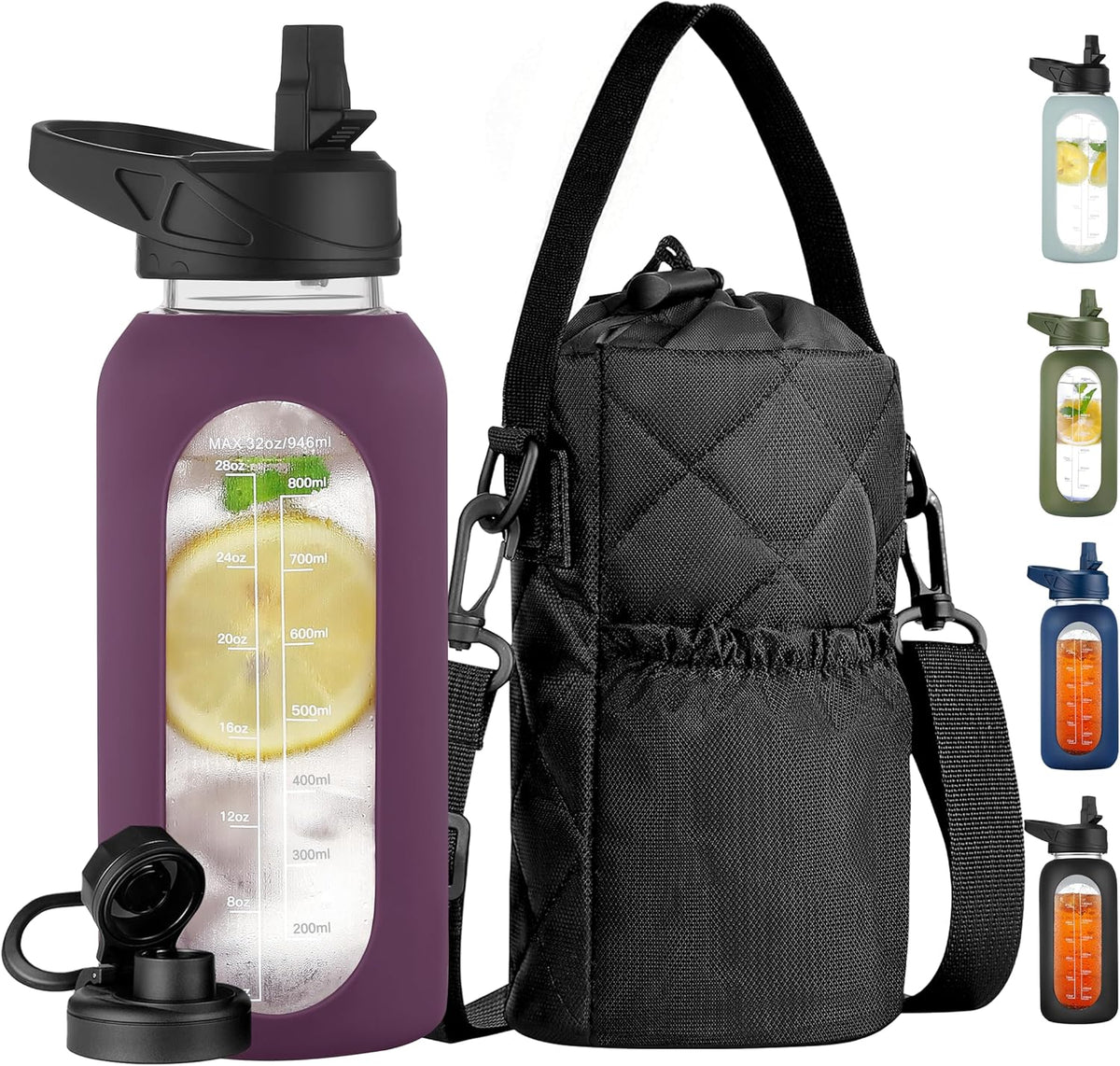 CIVAGO 64 oz Glass Water Bottle with Straw and Insulated Bottle Holder | Half Gallon Motivational Water Jug with Time Marker and Silicone Sleeve, Large Leakproof Water Flask with 2 Lids, Black - Image 13