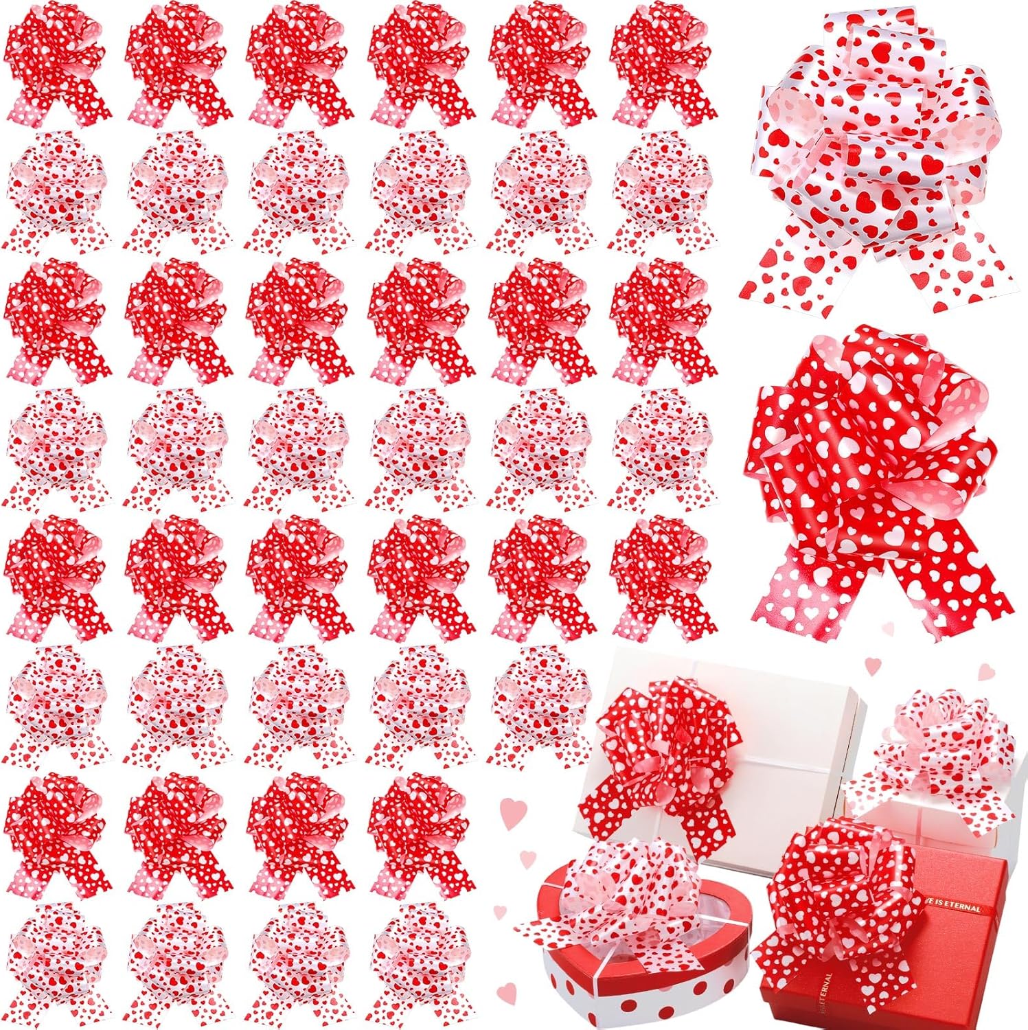 Riceshoot Valentine Day Large Pull Bows Ribbon sixty count pack front view showcasing red and white heart pattern