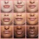Milani hydrating lip plumper shade swatch on fair to deep skin tones