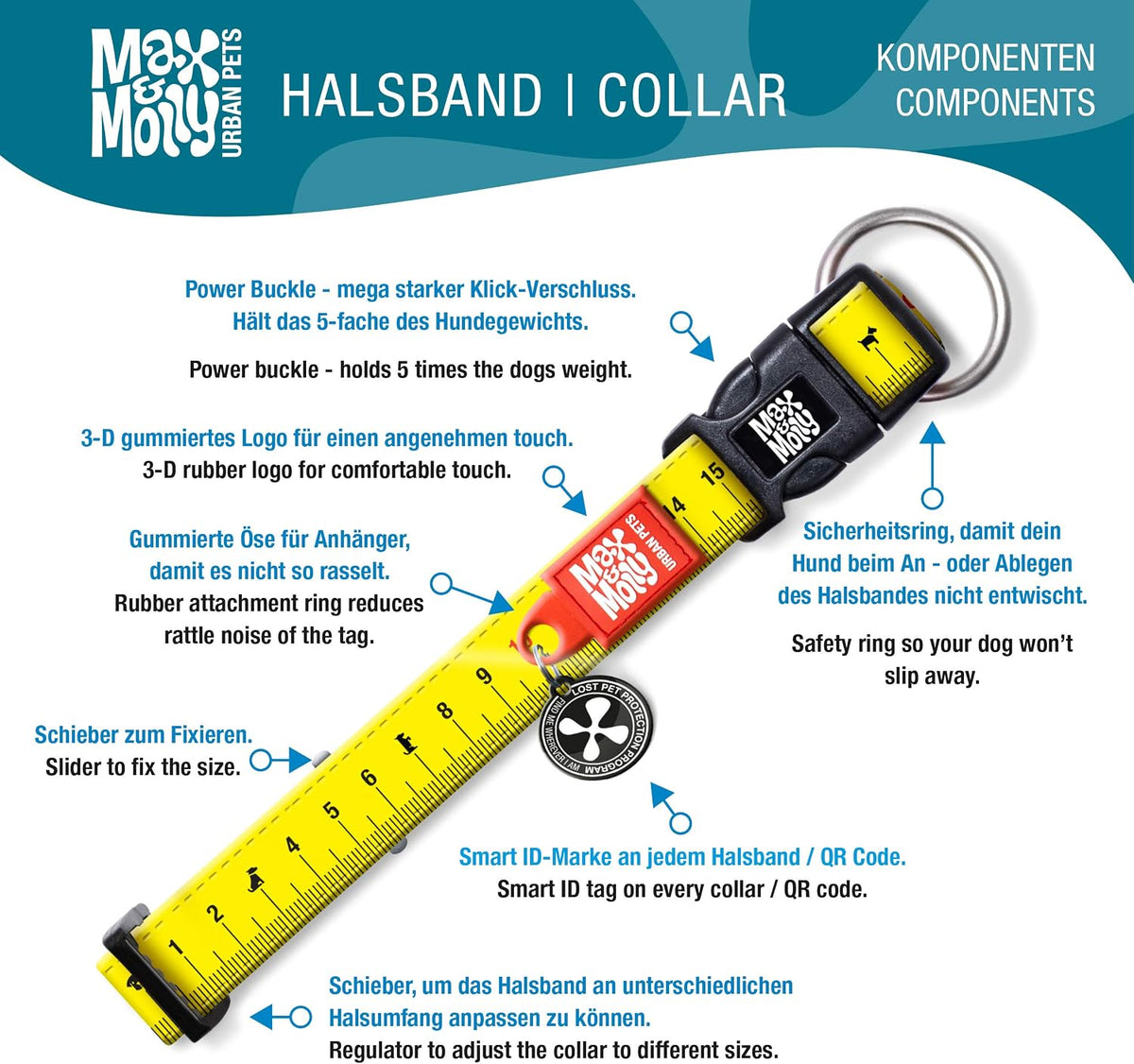 Max & Molly dog collar showing the Gotcha QR safety tag