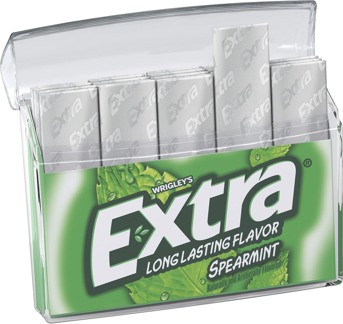 Wrigley's Extra Spearmint individual stick packaging layout alongside the main box.