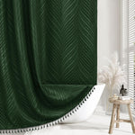 Siiluminisoy dark green boho shower curtain front view showing tufted chevron design