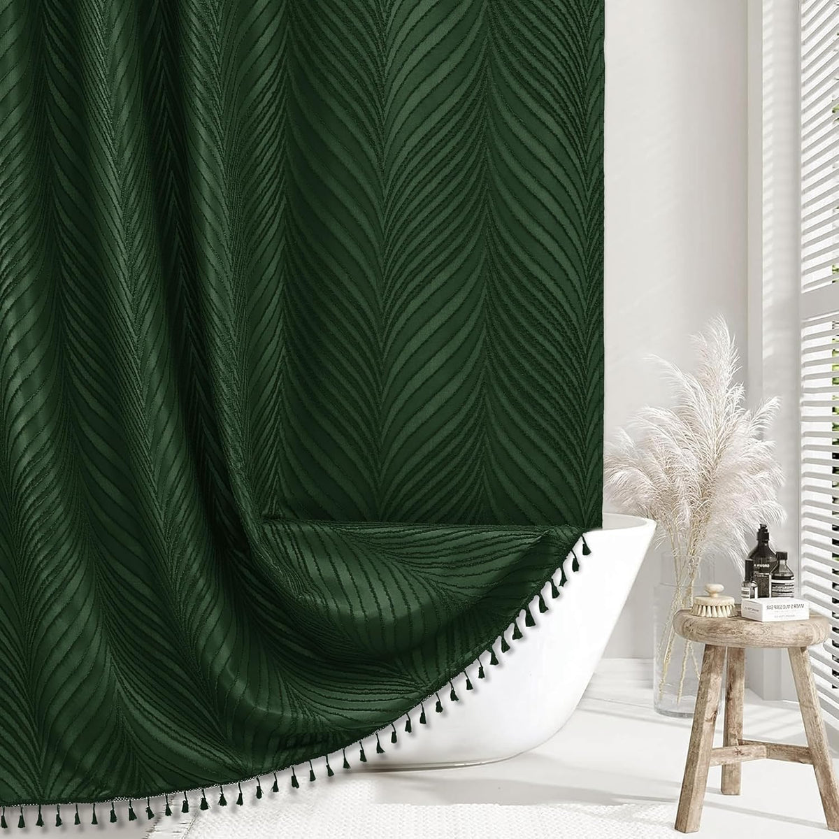 Siiluminisoy dark green boho shower curtain front view showing tufted chevron design