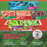 Seven flavors of Big League Chew shredded bubblegum including Original, Grape, and Blue Raspberry.