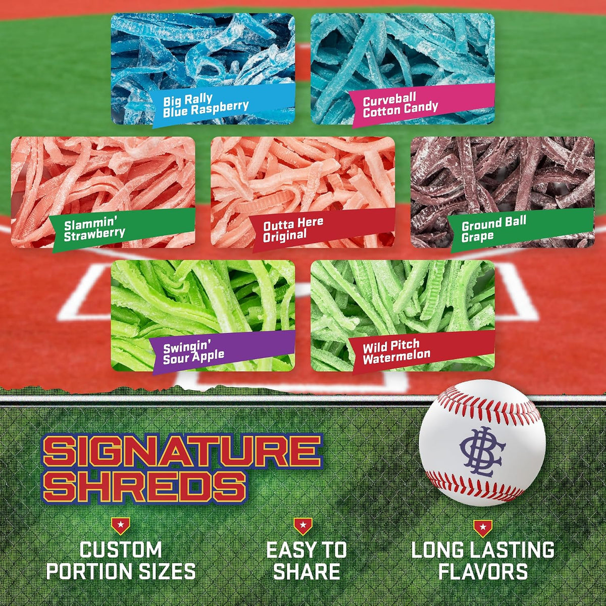 Seven flavors of Big League Chew shredded bubblegum including Original, Grape, and Blue Raspberry.