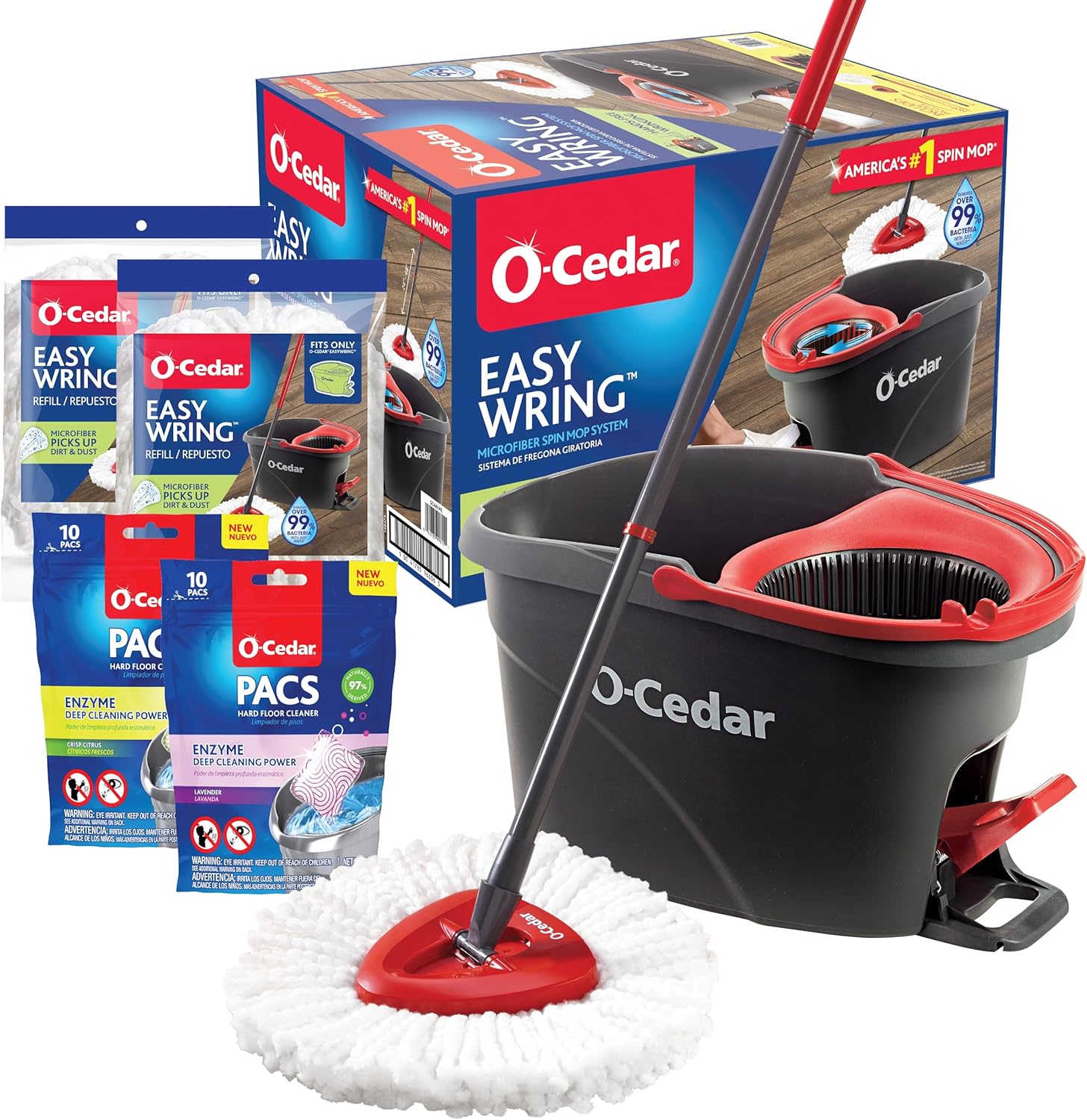 O-Cedar EasyWring Microfiber Spin Mop and Bucket System front view floor cleaning kit.