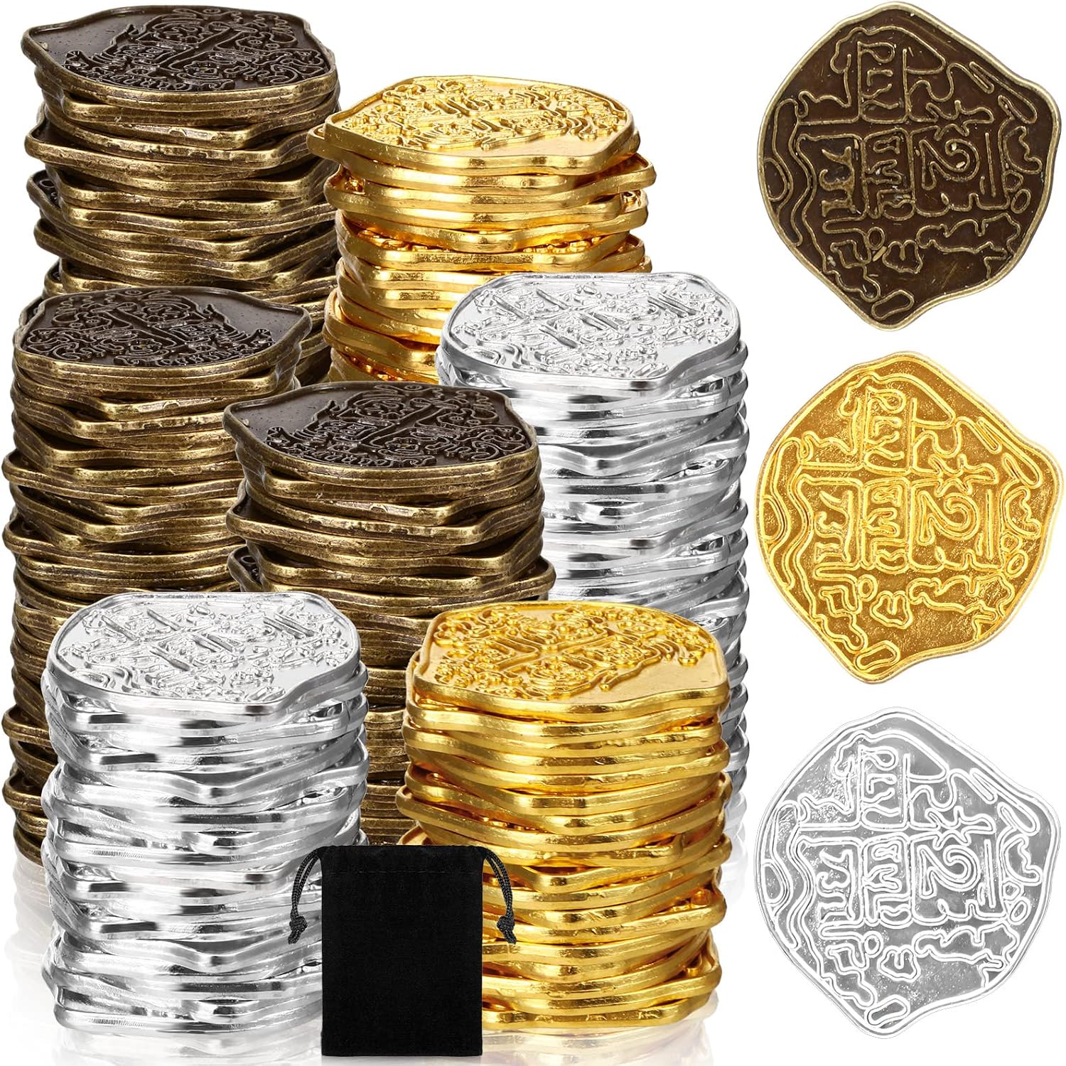 Hanaive metal pirate coins 100 pieces collection front view showing gold silver and bronze finishes