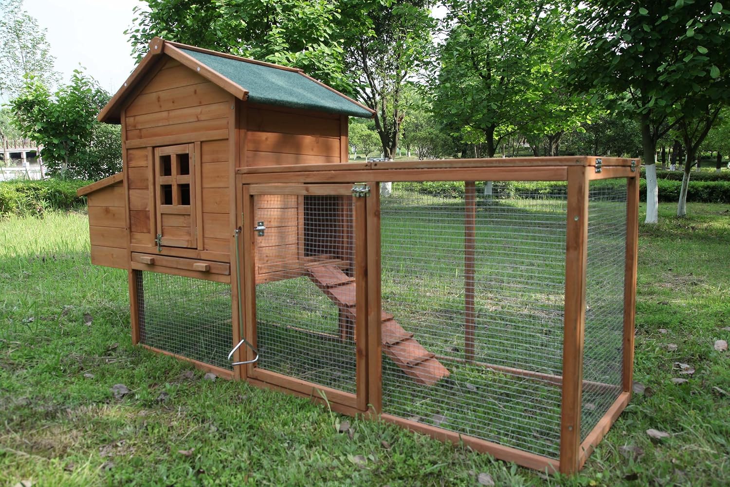 Outdoor Chicken Coop for 2-4 Chickens Wooden Hen House Poultry Pet Hutch Run Cage w/Waterproof Asphalt Roof, Ramp, Nesting Box, Wire Fence (80") - Image 1