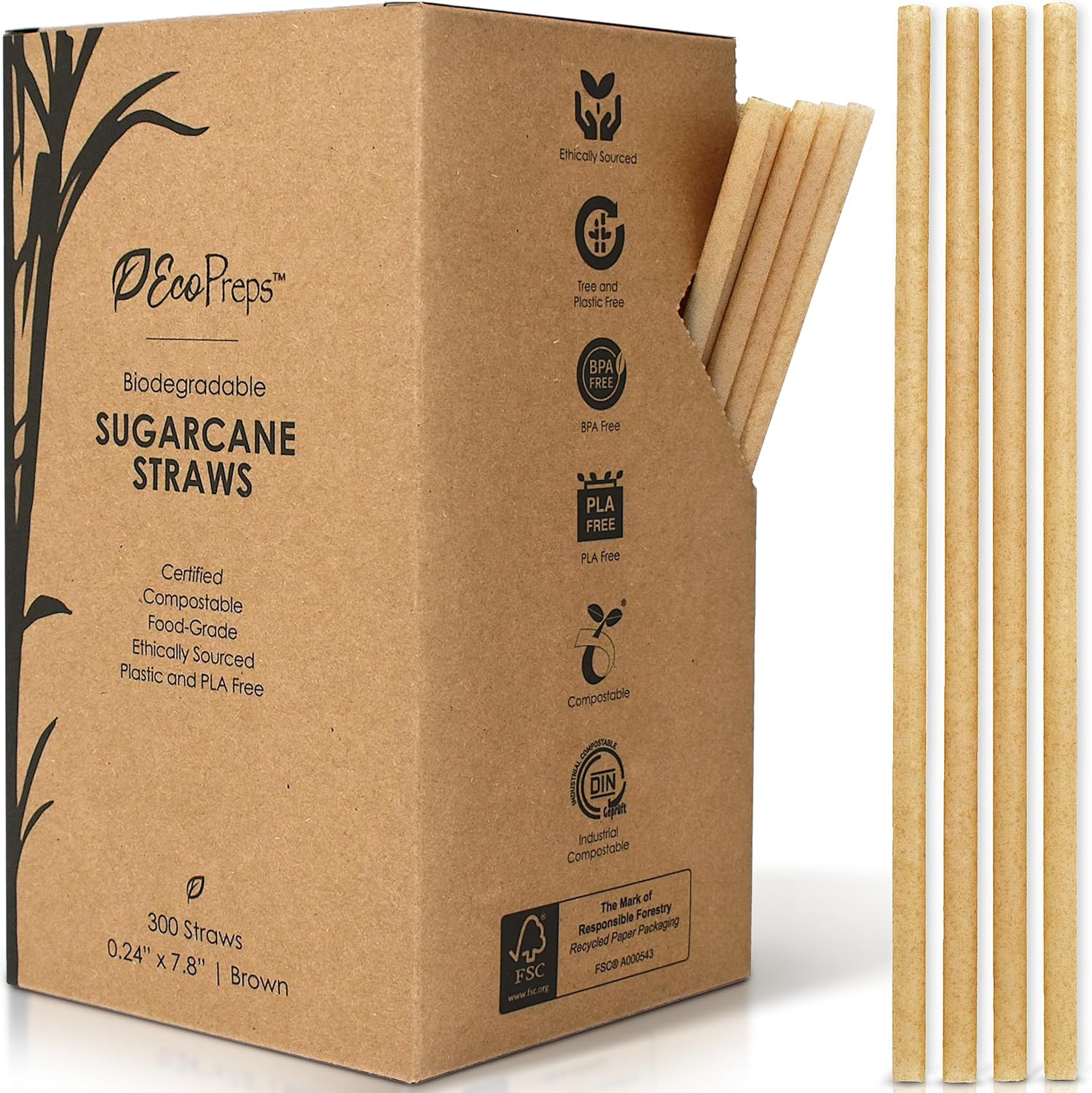 EcoPreps biodegradable sugarcane straws 300 count front view packaging