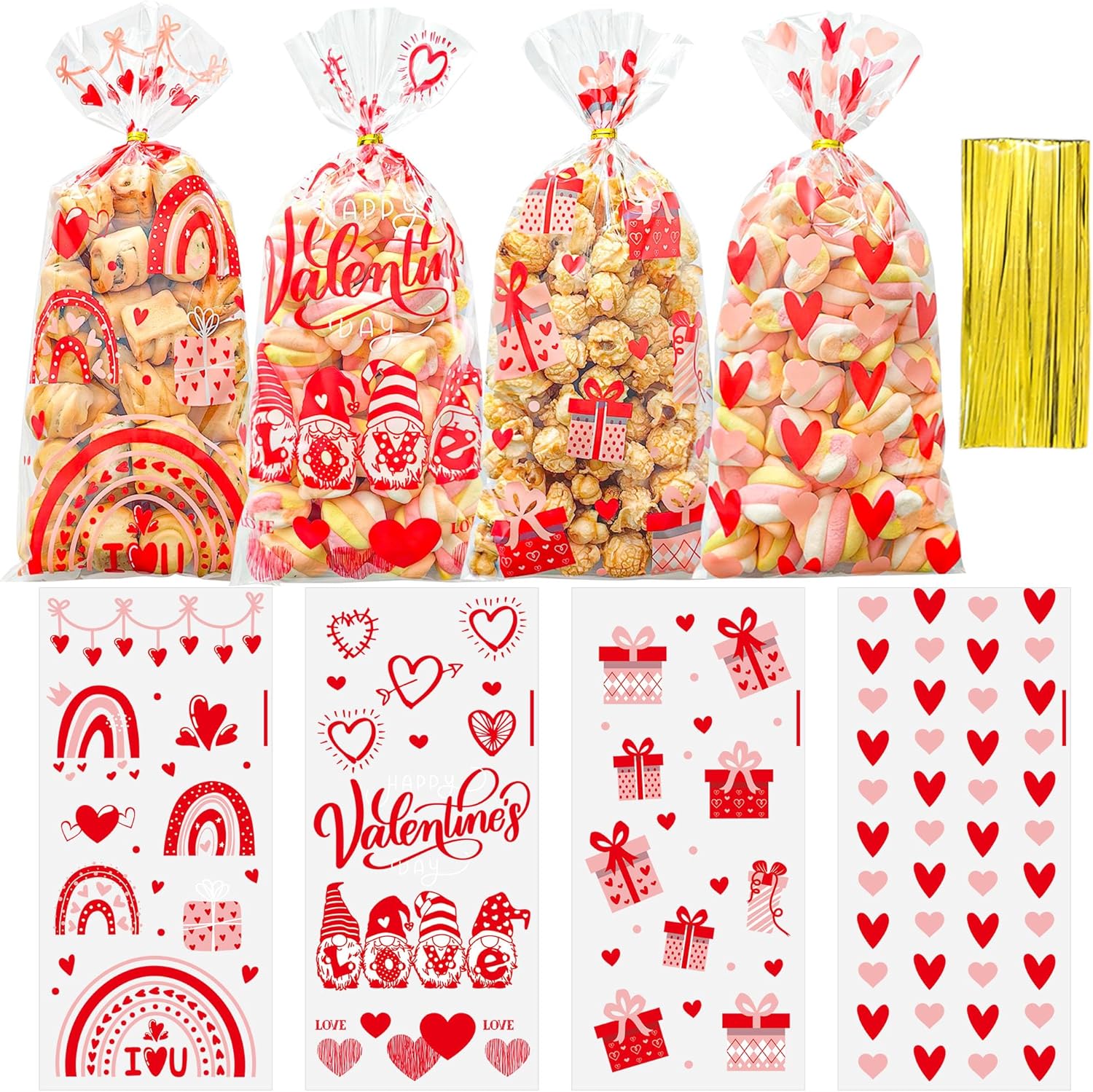 QOIUSO Valentine Day goodie bags front view showing red heart patterns filled with assorted candies