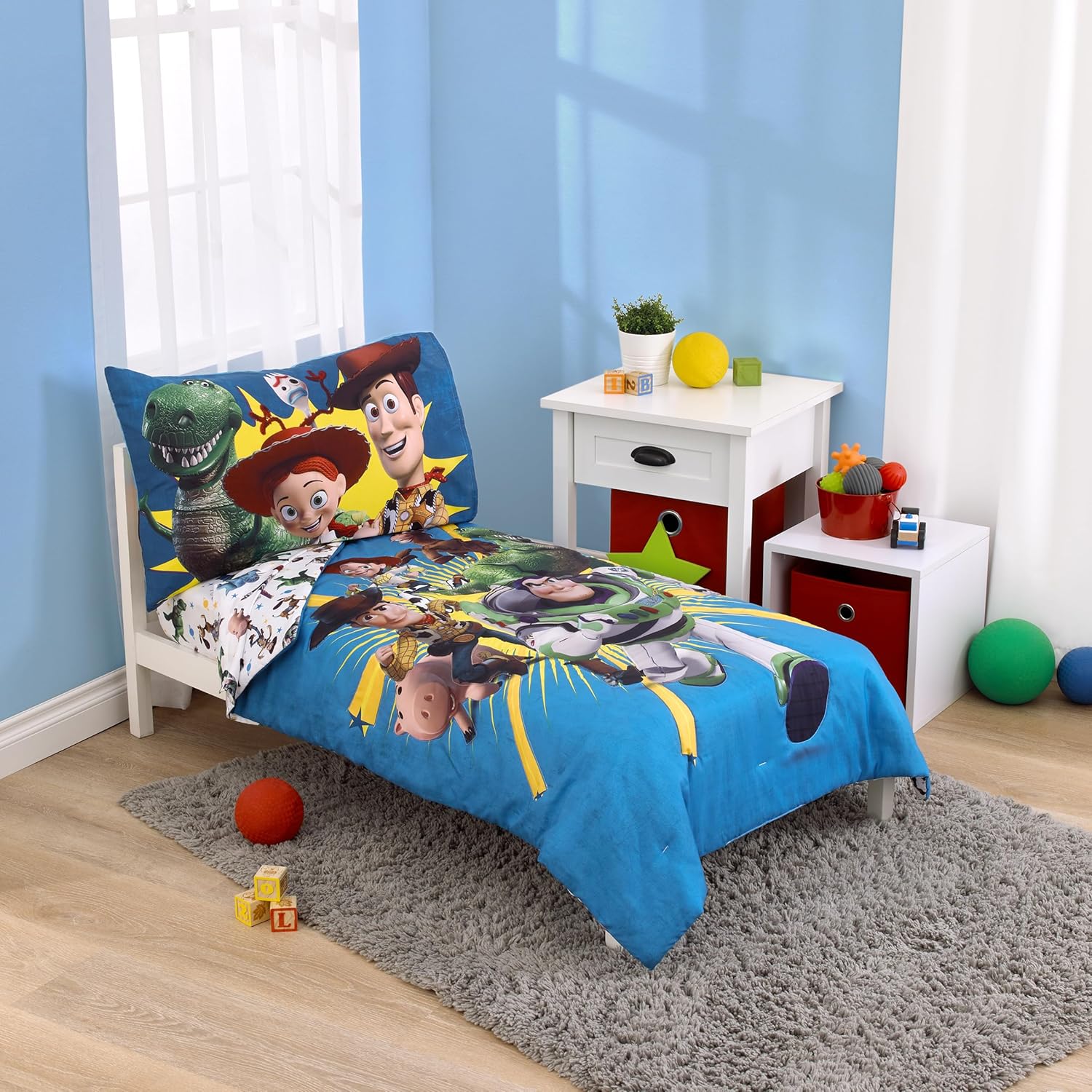 NoJo Disney Toy Story toddler bed set front view featuring Buzz and Woody comforter