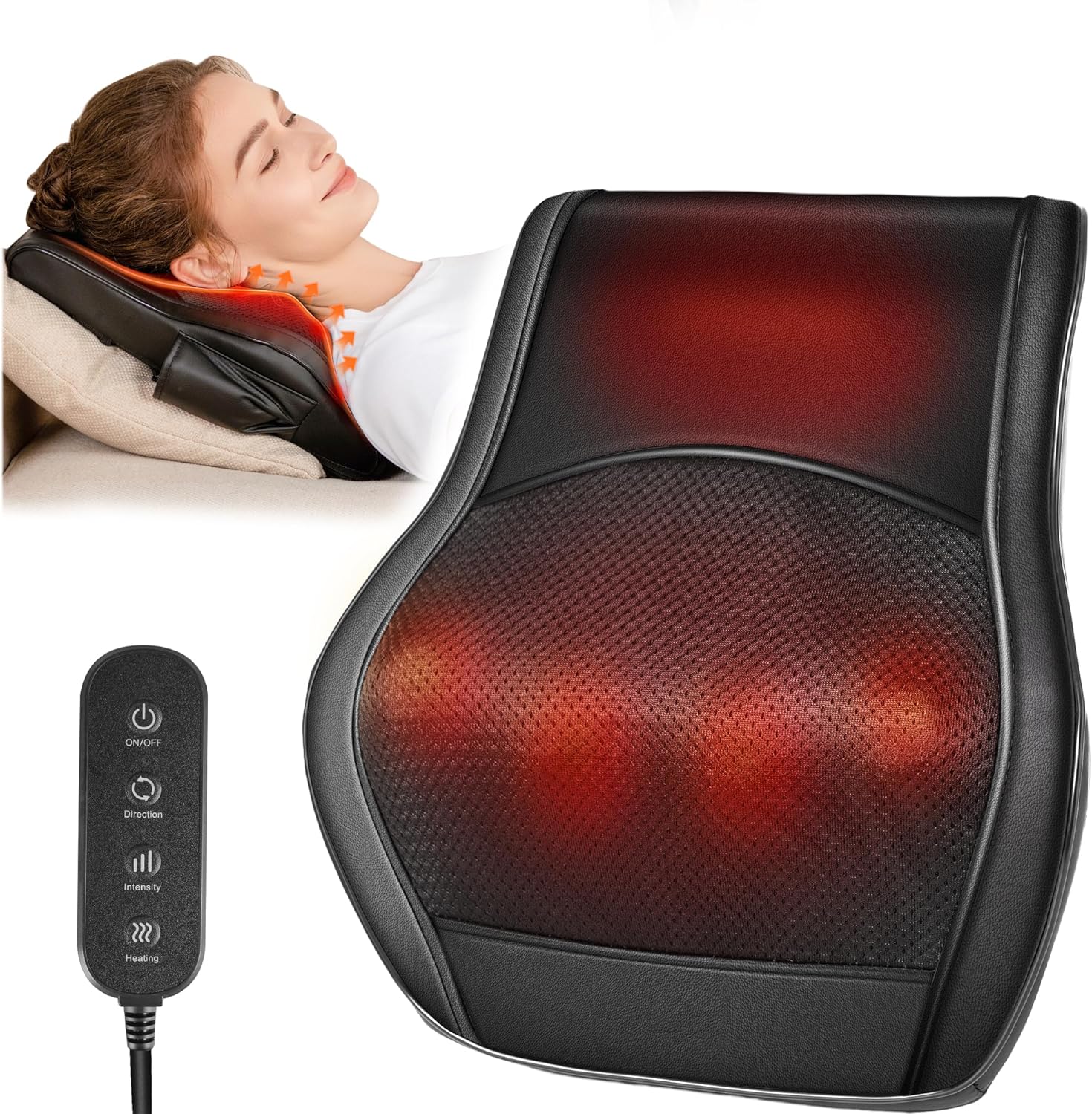 Brelley neck and back massager front view showing four glowing heated shiatsu nodes.