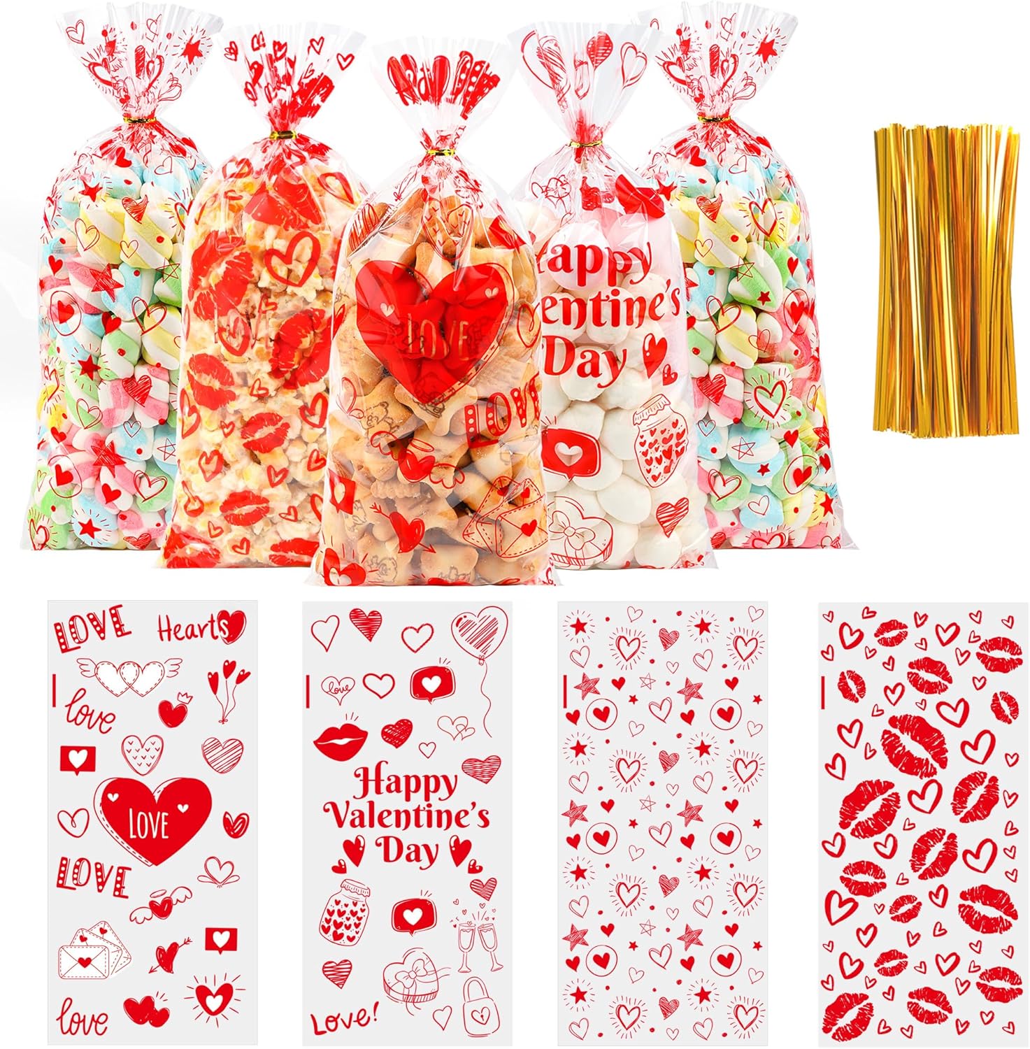 ZYLOP Valentines Cellophane Treat Bags 50 Count front view with red hearts design